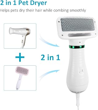 Dog Hair Dryer,2 in 1 Pet Hair Dryer with Slicker Brush,Dog Blow Dryer with 2 Adjustable Heat Setting Dogs Bath Brush for Grooming Small Medium Dogs Cats