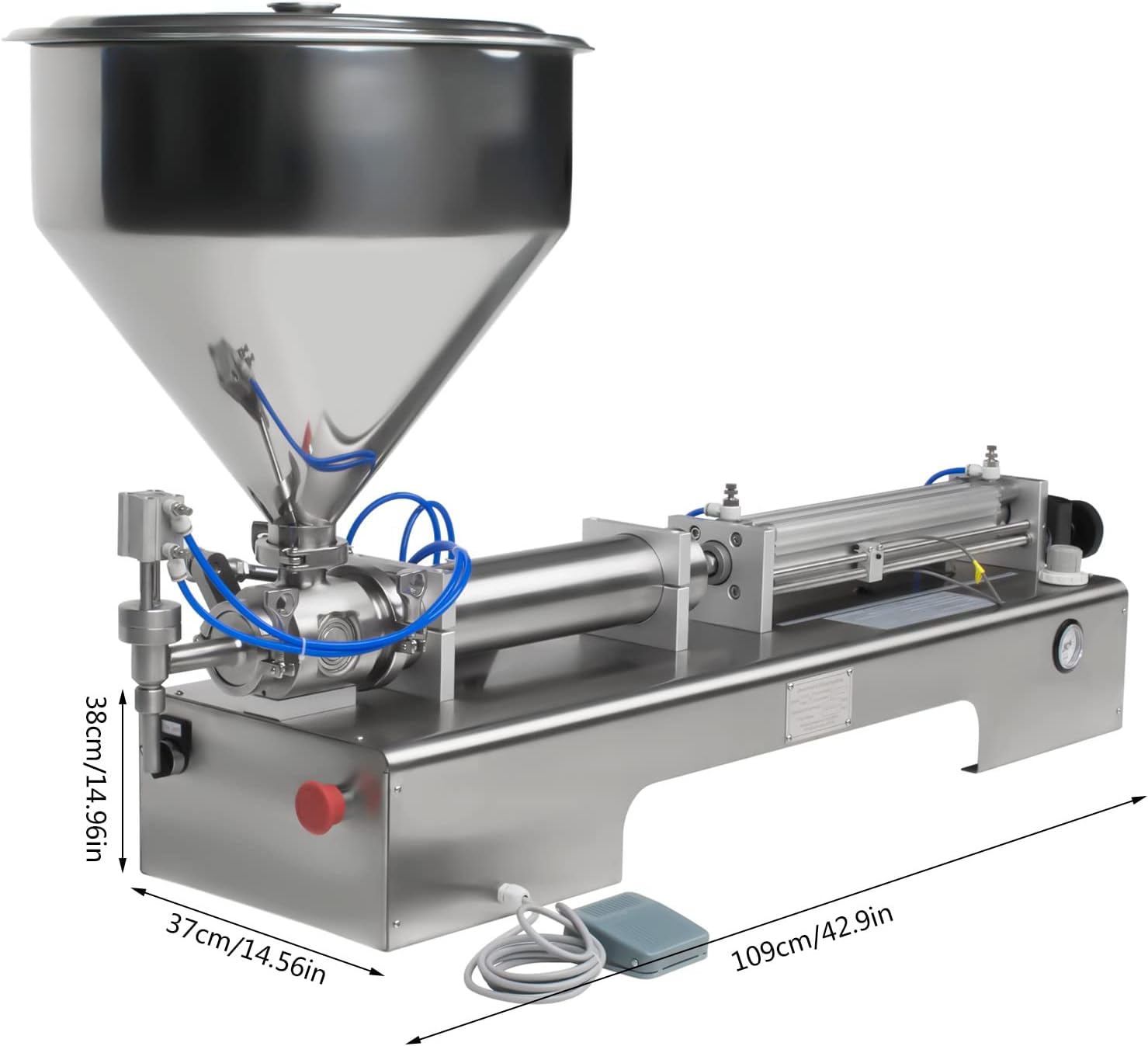 Filling Machine Horizontal Pneumatic Semi-automatic 304 201 Stainless Steel 100-600ml /3.38-20.29oz Volume Liquids Dispenser with 38L Hopper (100-600ml)