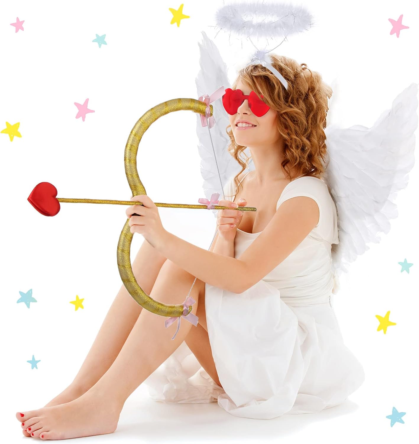 Coume Cupid Costume Accessories Set for Kids Valentines Props Angel Outfits Bow Arrow Wings Headwear Sunglasses for 4-12 Halloween - Image 5