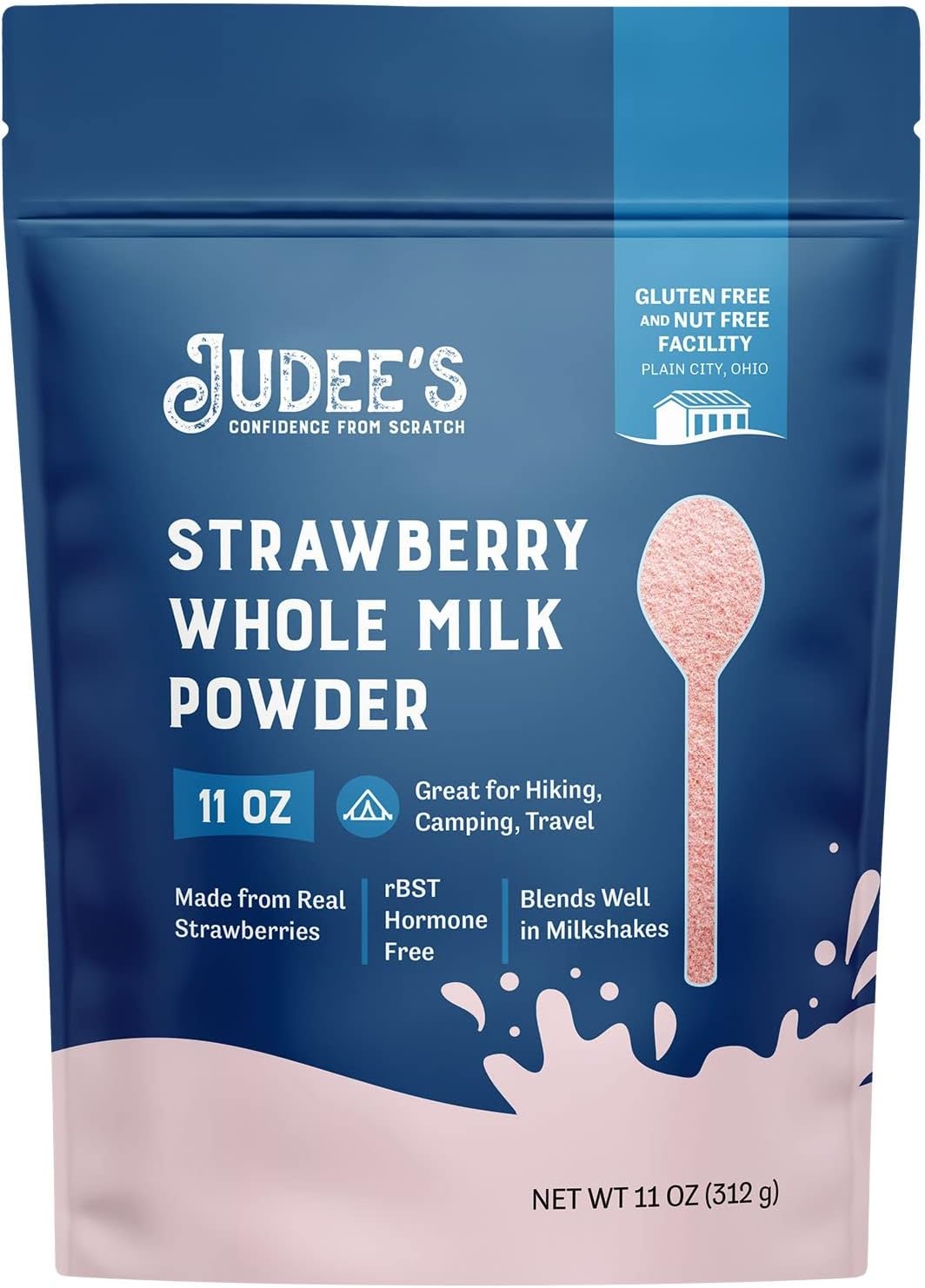 Judee’s Strawberry Whole Milk Powder 11 oz rBST HormoneFree, Gluten