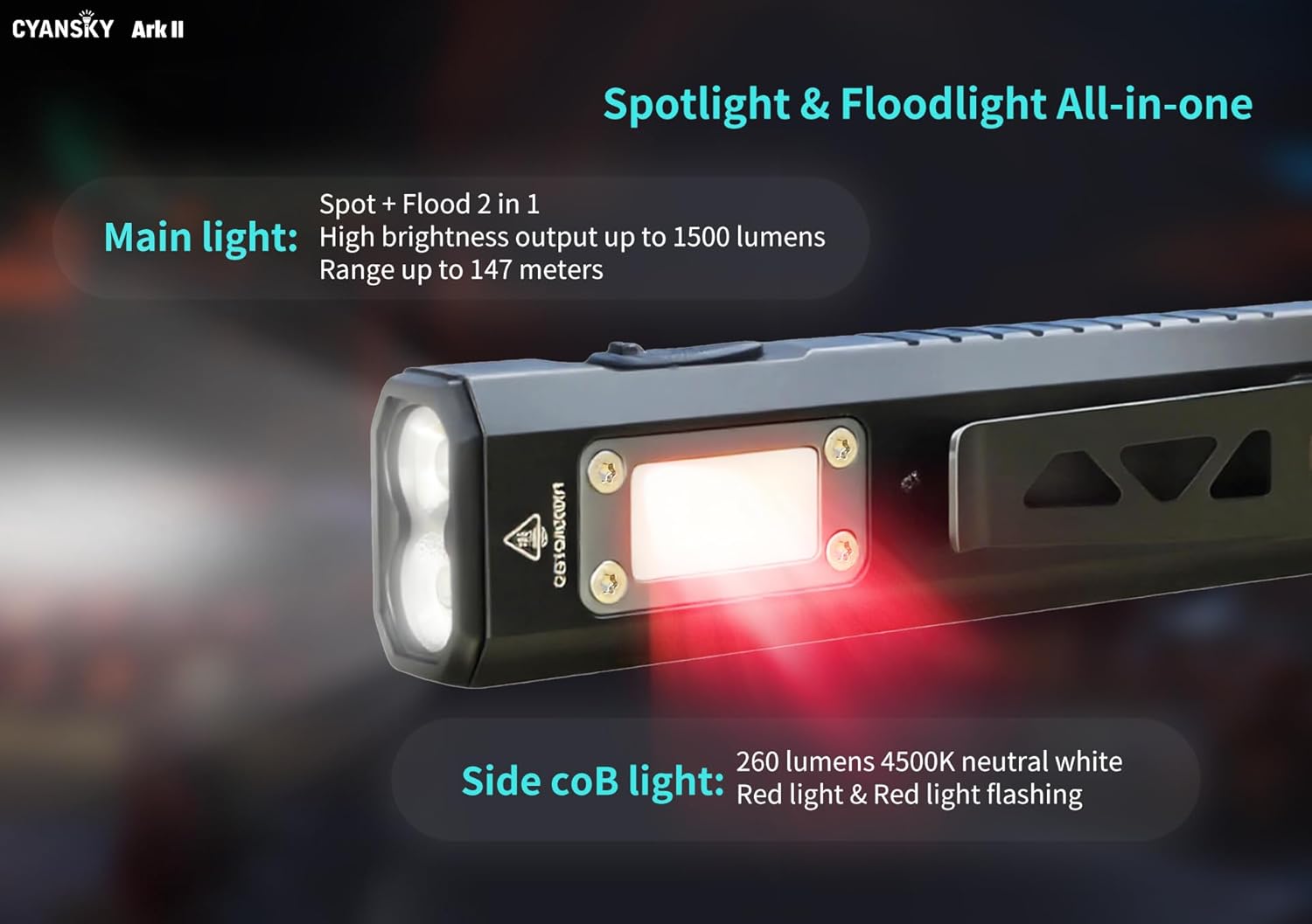 CYANSKY Ark II EDC Flat Flashlight, 1500 Lumen White Light LED Light, Powered by Rechargeable Internal Battery, for Outdoors, Emergencies, Work (Black)