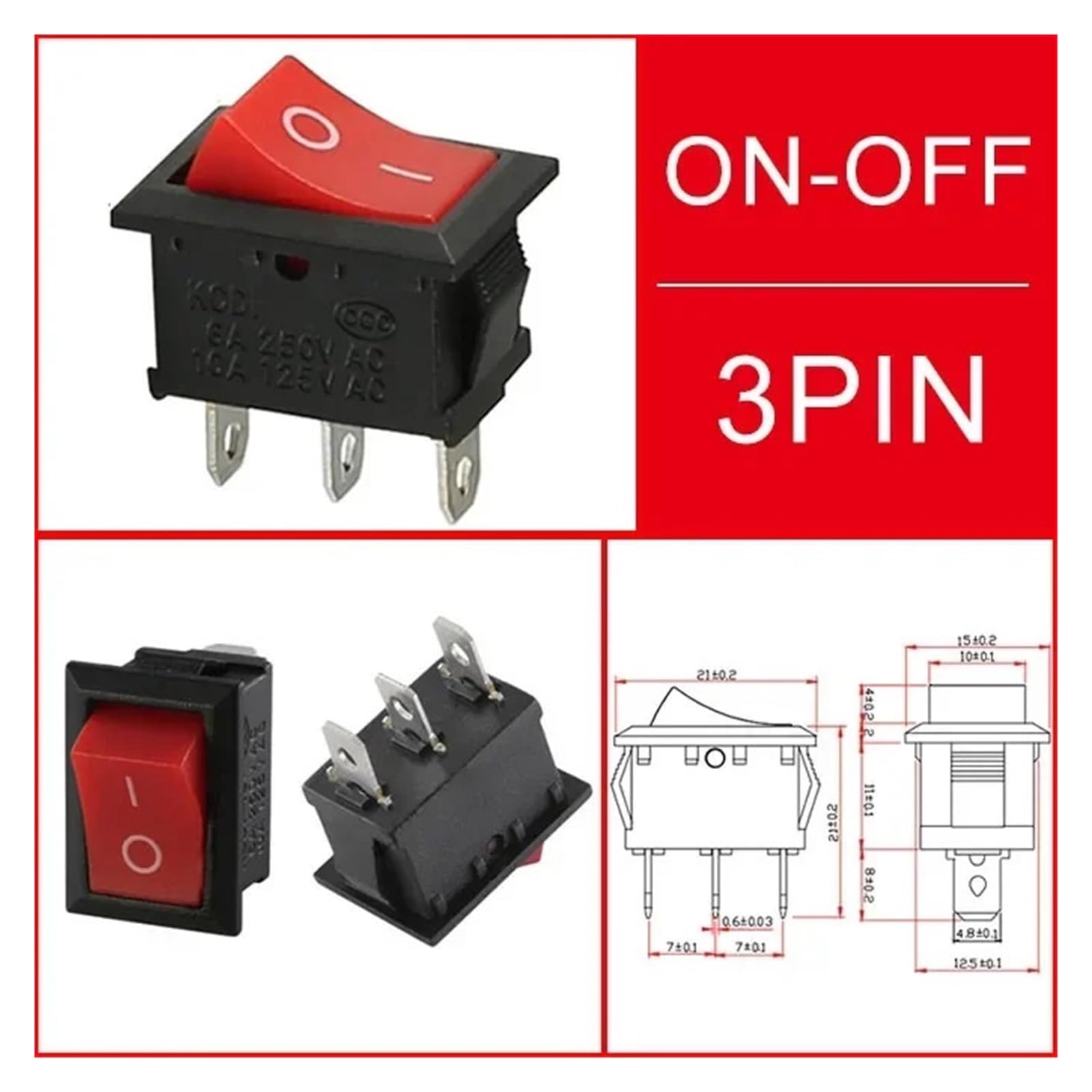 100PCS KCD1 Serie 2/3/4 Pin ON-OFF Boot Rocker Position Power Schalter | 15 mm x 21 mm, Schwarz, Rot, Grün, 6 A/250 V, 10 A/125 V Wechselstrom(Red 3Pin,500 PCS)