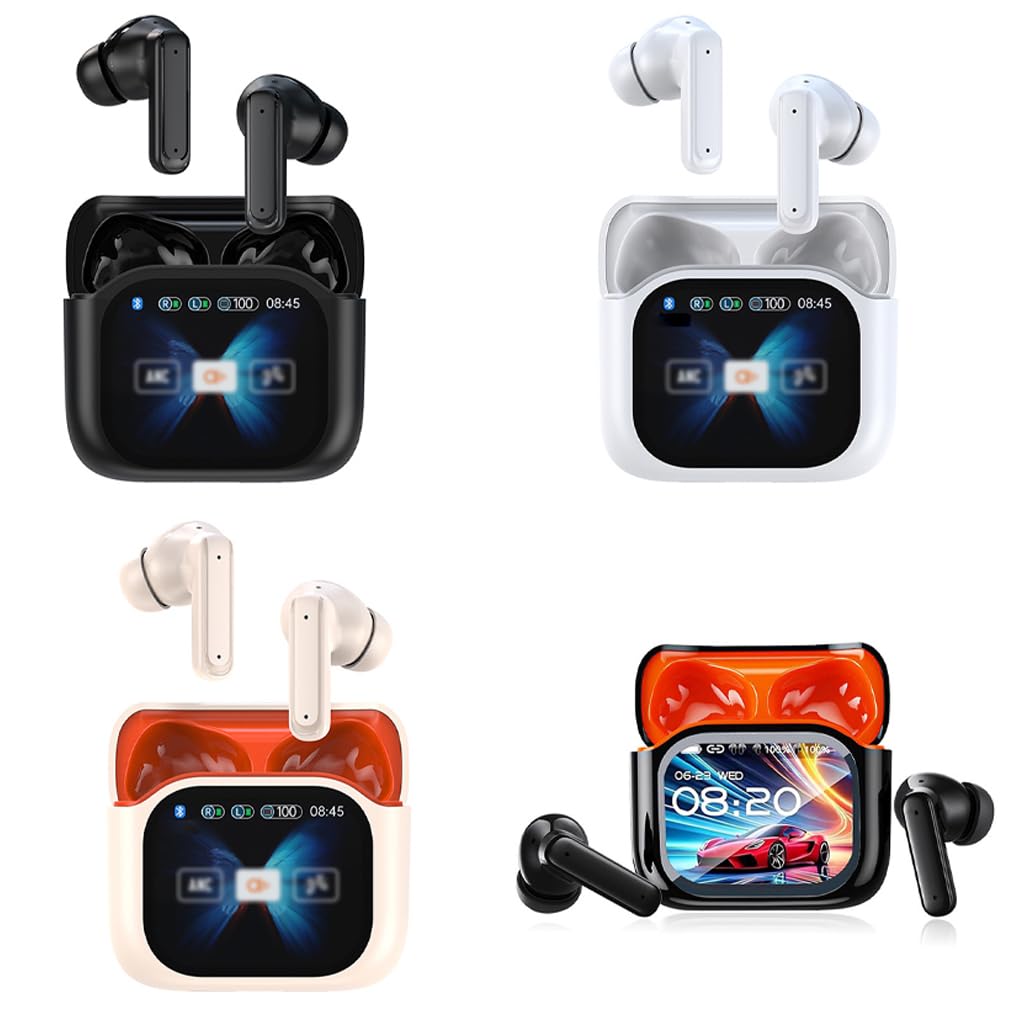 Auriculares inalámbricos con Pantalla y Puerto de Carga USB Tipo C para Disfrutar en Parques de Atracciones. Auriculares intrauditivos inalámbricos, Negro Naranja