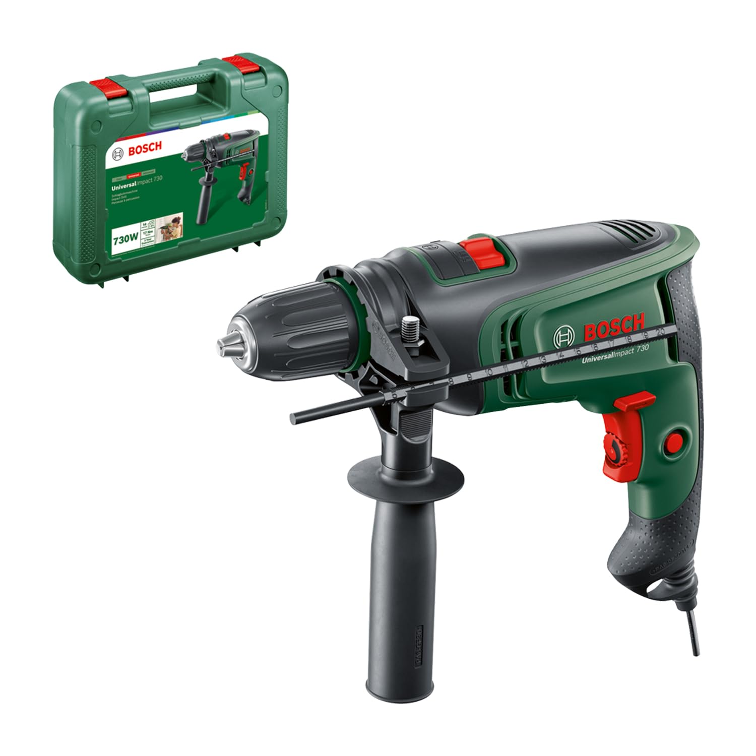Taladro de impacto de red Bosch UniversalImpact 730 (perforación de precisión en mampostería, madera y acero, motor 730 W, maleta)
