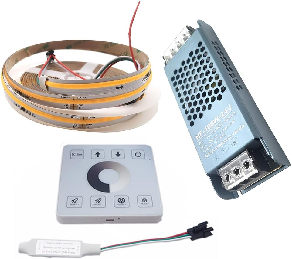 Cob Flowing Water Flows LED Strip Light ws2811 24V Horse Racing Sequential LED Strip with RF Touch Panel Controller 24V 100W Power Supply 5m Set (Warm White)