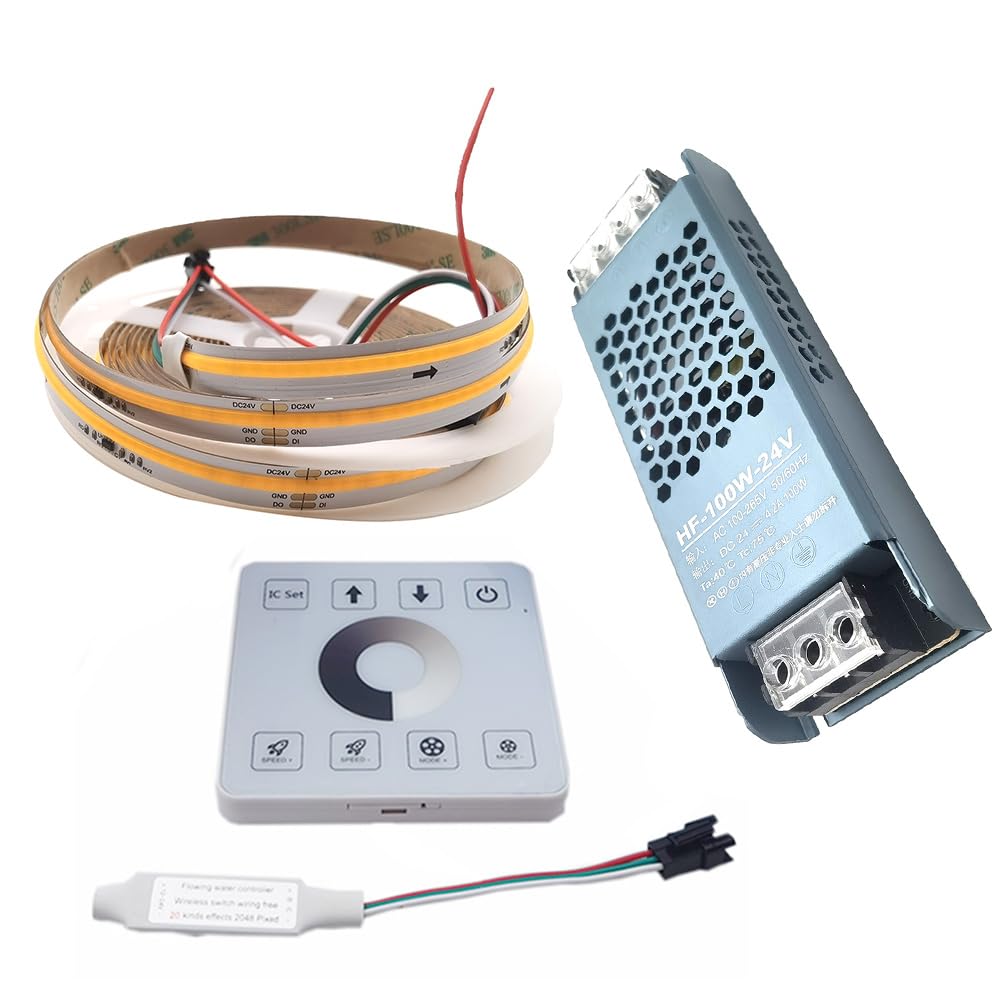 Vrabocry Cob Flowing Water Flows LED Strip Light ws2811 24V Horse Racing Sequential LED Strip with RF Touch Panel Controller 24V 100W Power Supply 5m Set (Warm White)