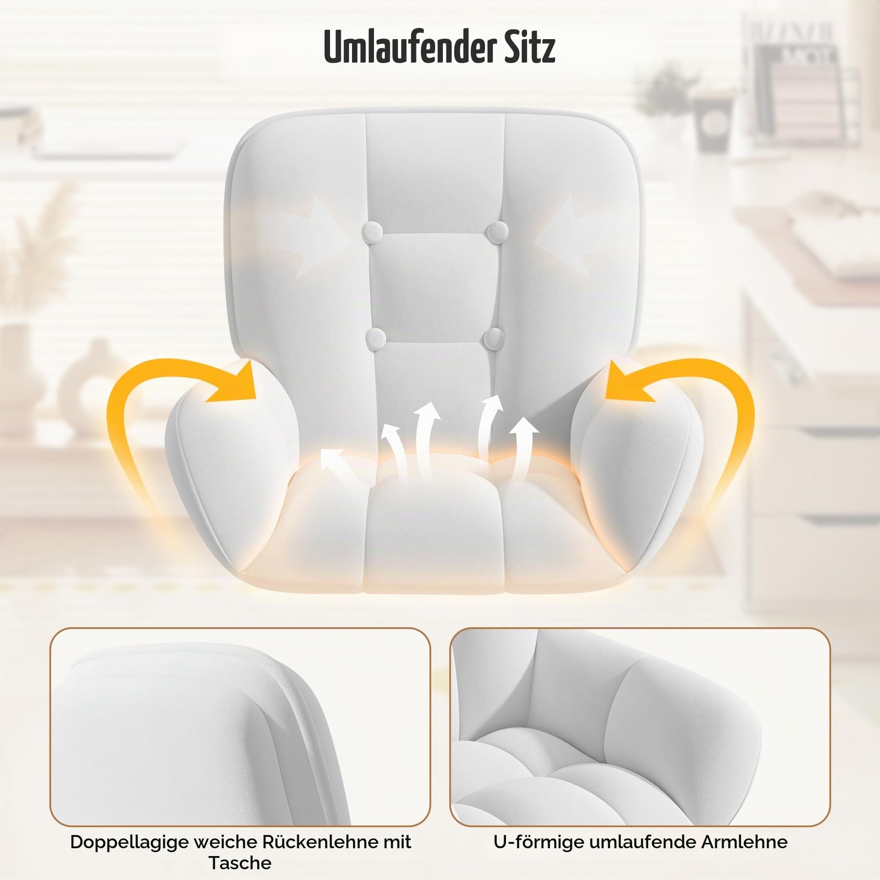 Homeoffice & Schminkstuhl 2-in-1 Ergonomischer Samt Drehstuhl 360°, Höhenverstellbar für Arbeitszimmer Schlafzimmer Weiß | Höhenverstellbar,360°Drehfunktion, bis 150kg,Samtbezug,Homeoffice Stuhl,Schminktischstuhl, Schlafzimmer,Arbeitszimmer