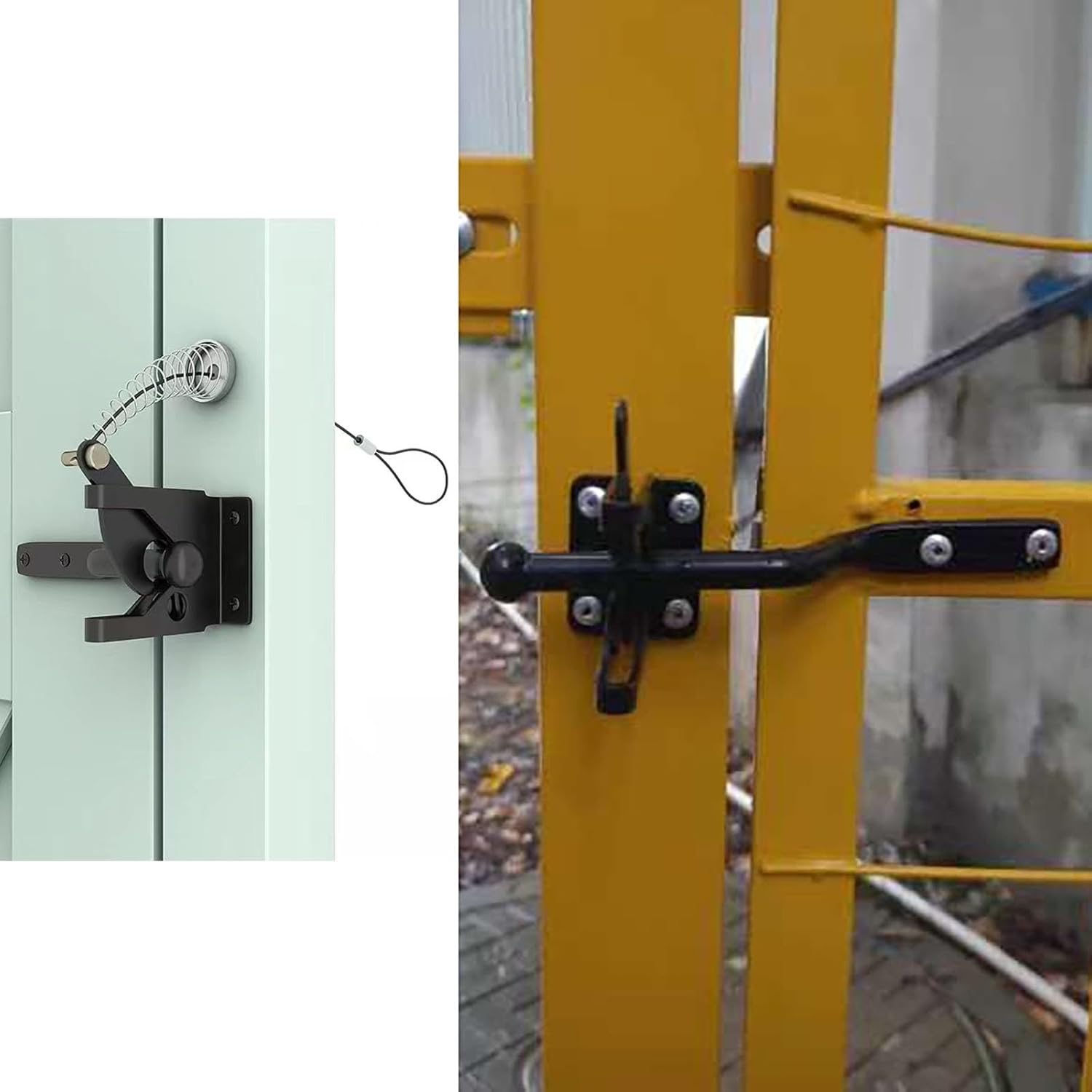2 Pack Gate Latch Cable Pull Kit, Stainless Steel Spring Loaded Adjustable Door Latch Gate Opener for Metal Wooden Fence, Garden, Backyard, Black