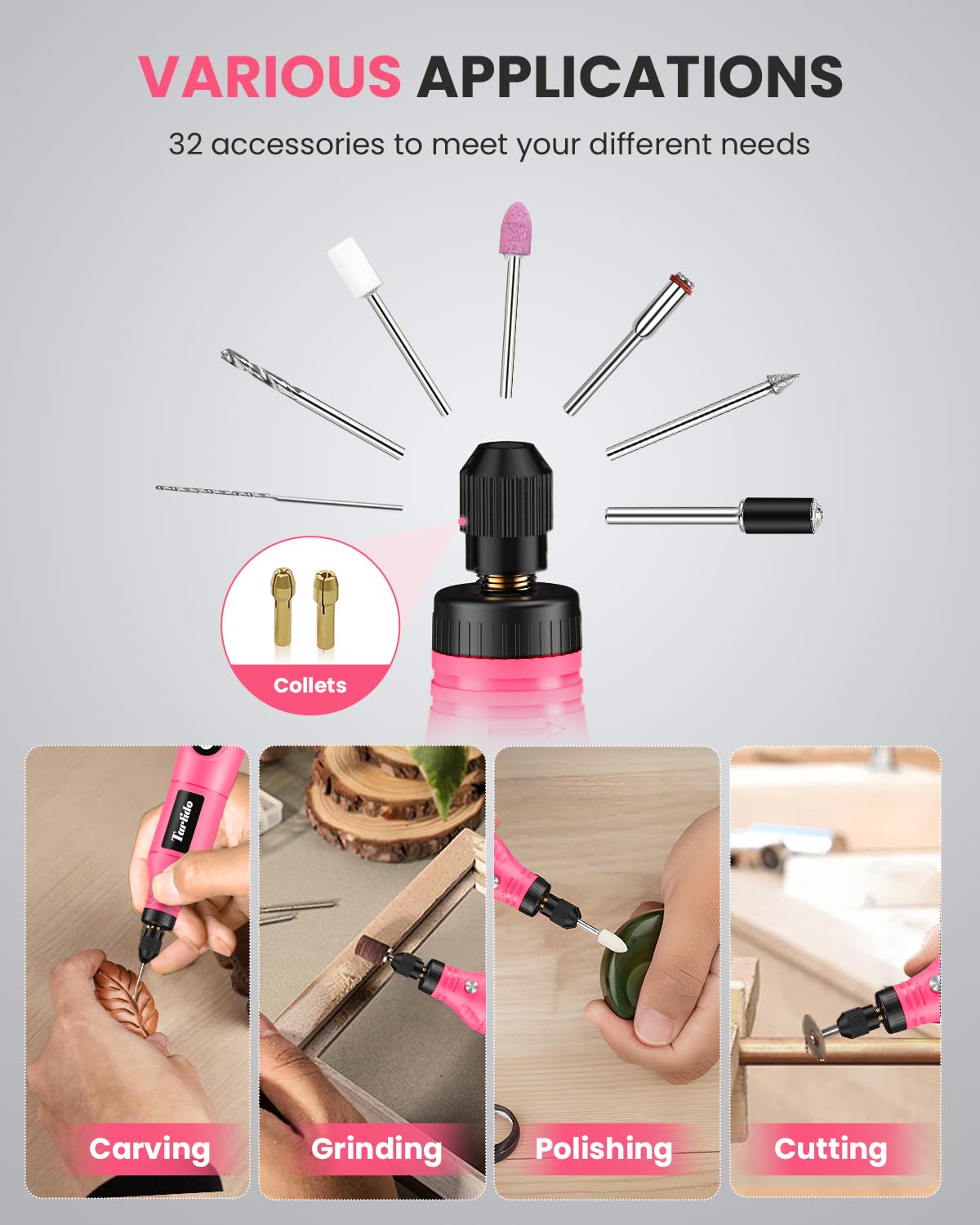 Tarlido Mini kit de herramientas giratorias inalámbricas, 5 velocidades y carga USB con 61 accesorios, herramienta giratoria multiusos de 3.7 V para lijar, pulir, taladrar, grabar, manualidades, color