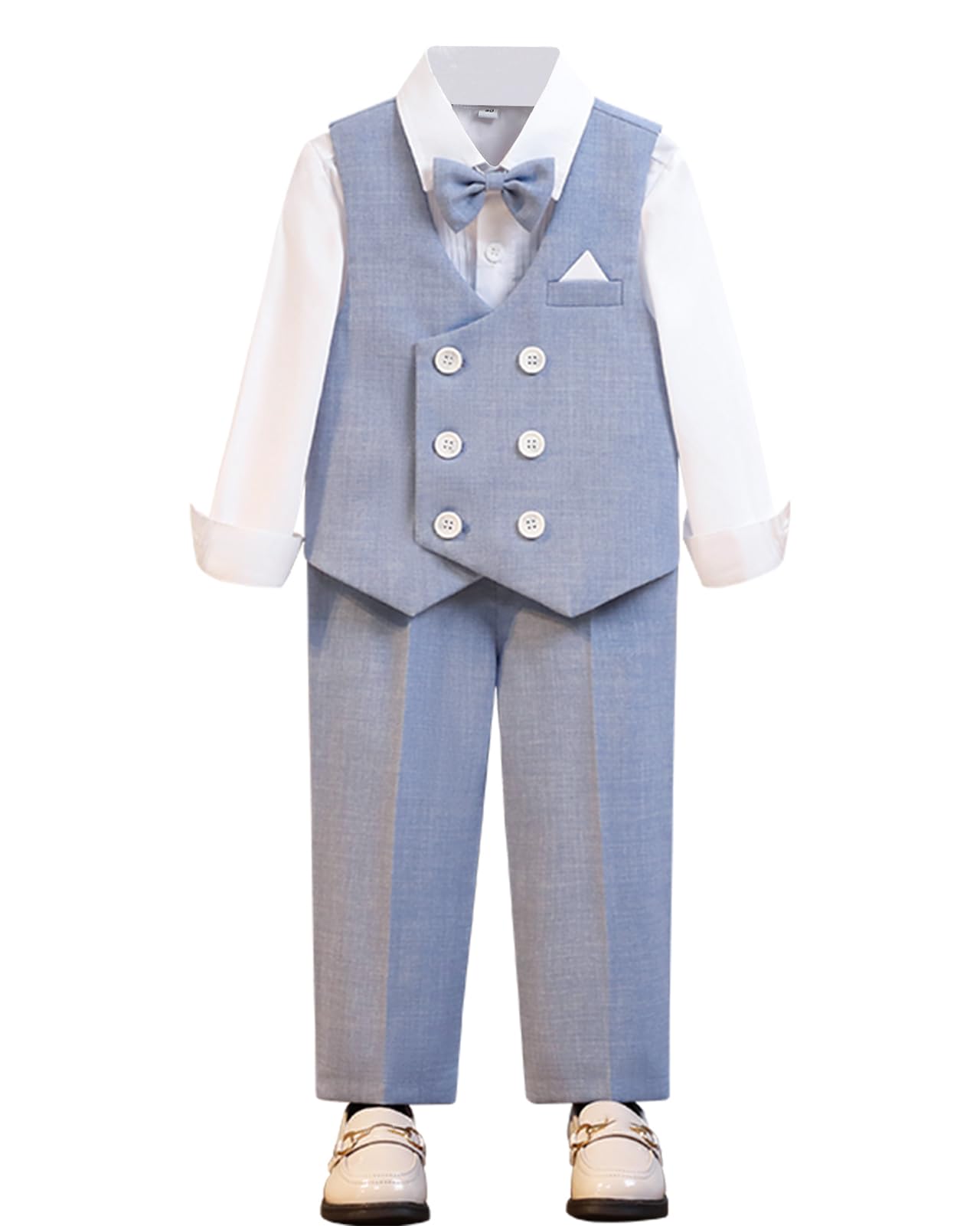 Traje de Bautizo Niños Conjuntos de Camisa de Manga Larga con Pajarita + Pantalones + Chaleco 4 Piezas para Ceremonia Boda Fiesta