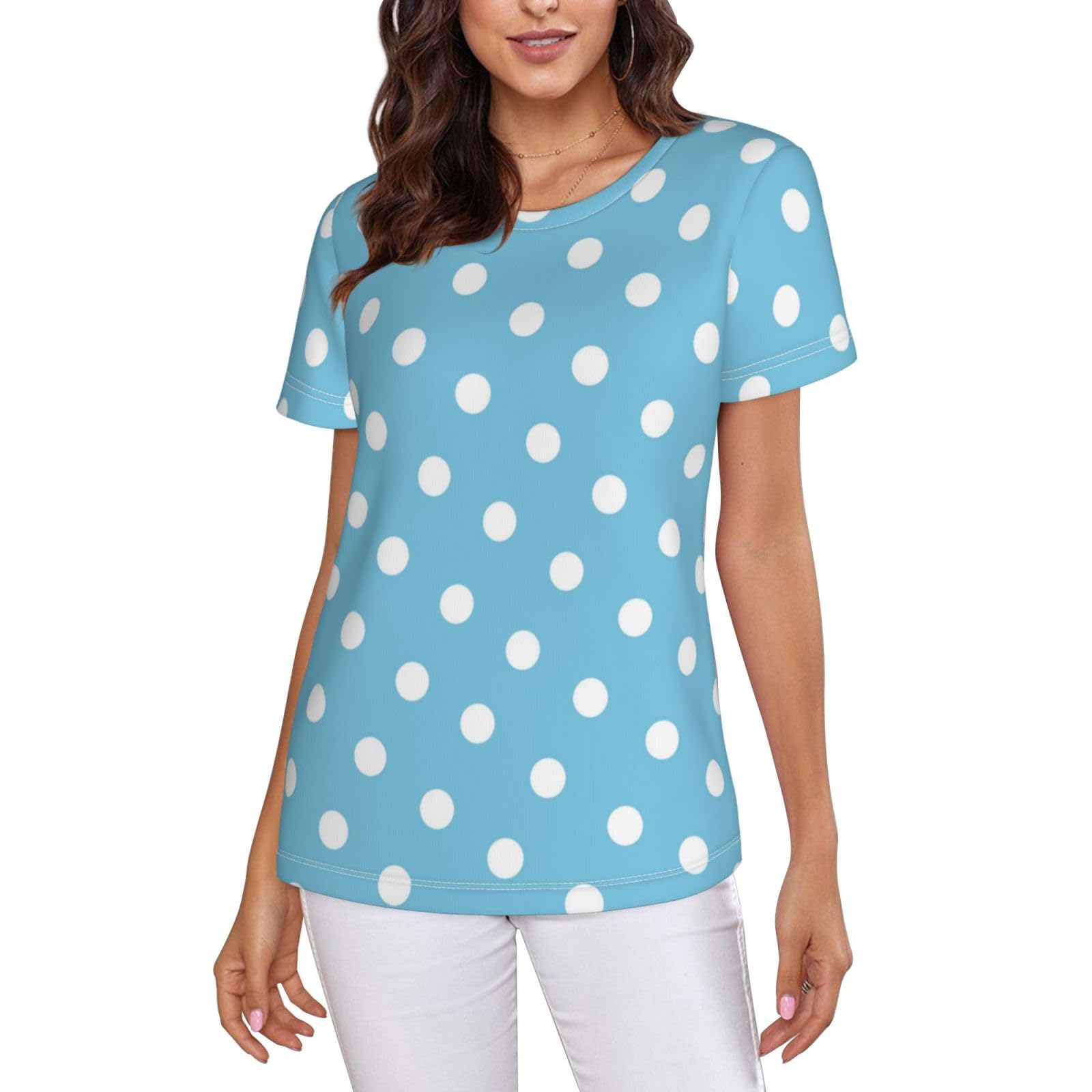 Amazon.co.jp: Tシャツ 半袖 夏服 水色 ブルー ドット柄 水玉 上着 
