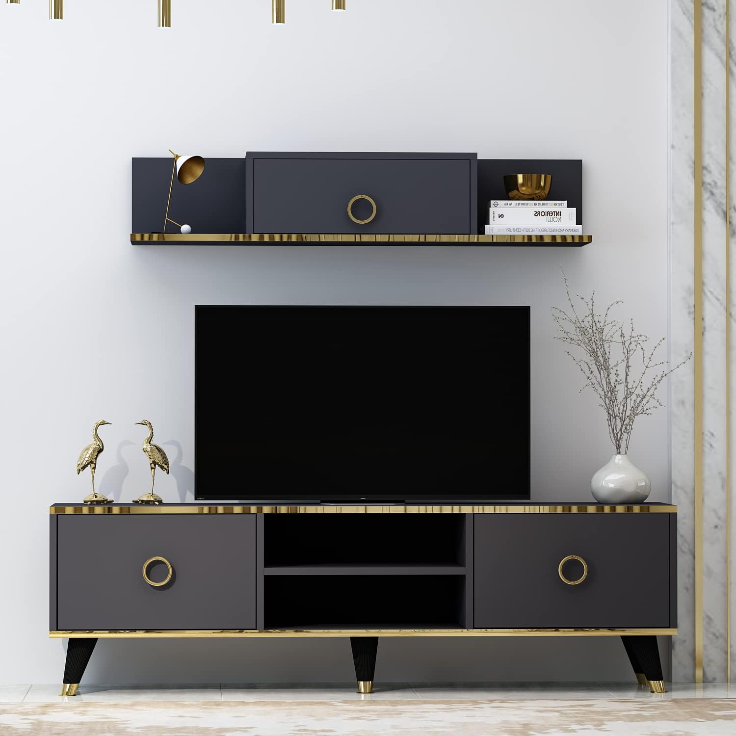 HOMIDEASophia Wall Unit - Living Room TV Set - TV Cabinet - TV Lowboard - TV Table - TV Furniture with 2 Doors and Wall Shelf in Glossy Design (Anthracite)