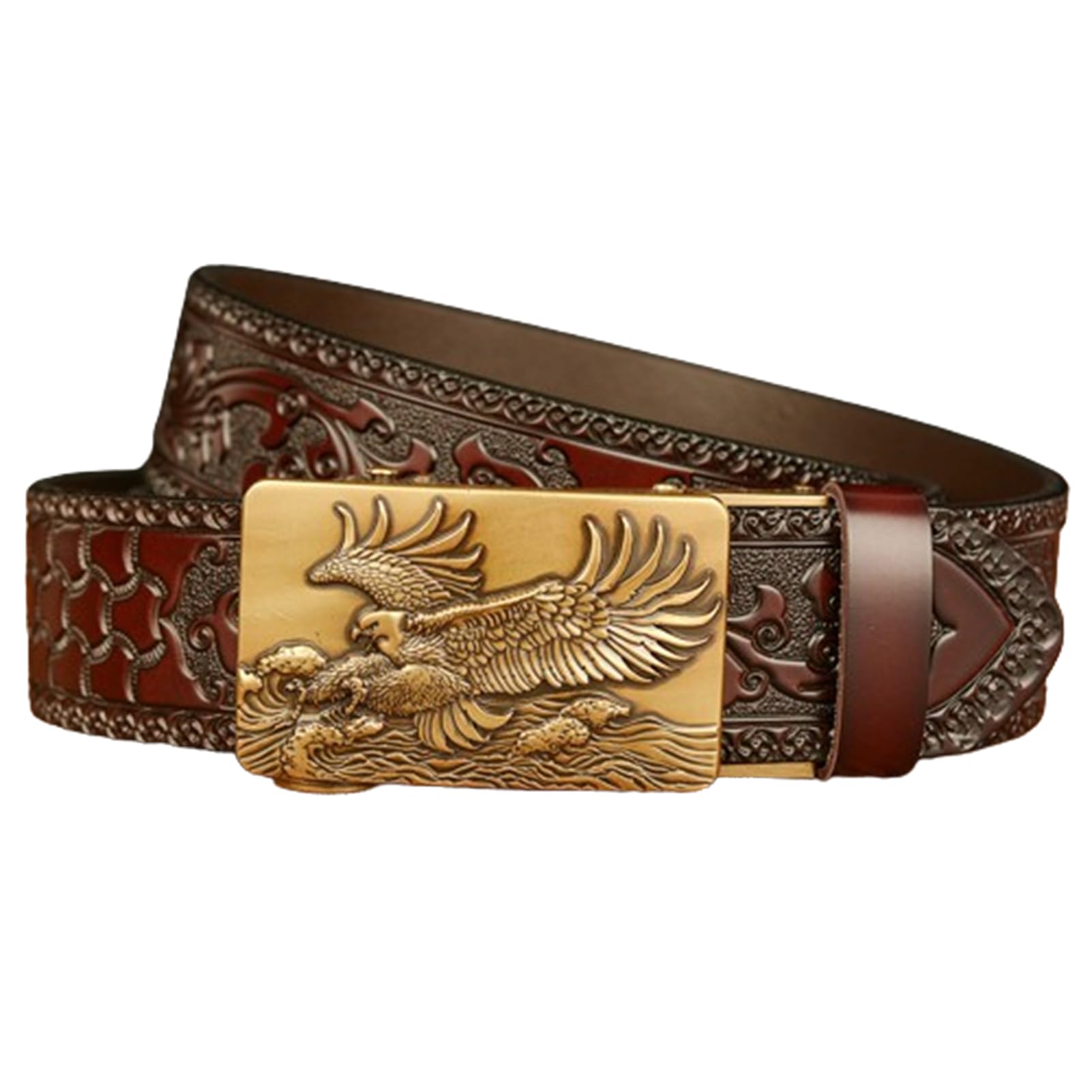 BDAYEK Men's Belt Men's Ratchet Genuine Leather Belt With Engraved Soaeagle Pattern Automatic Cowboy Buckle Western Brown 110Cm Waist 37