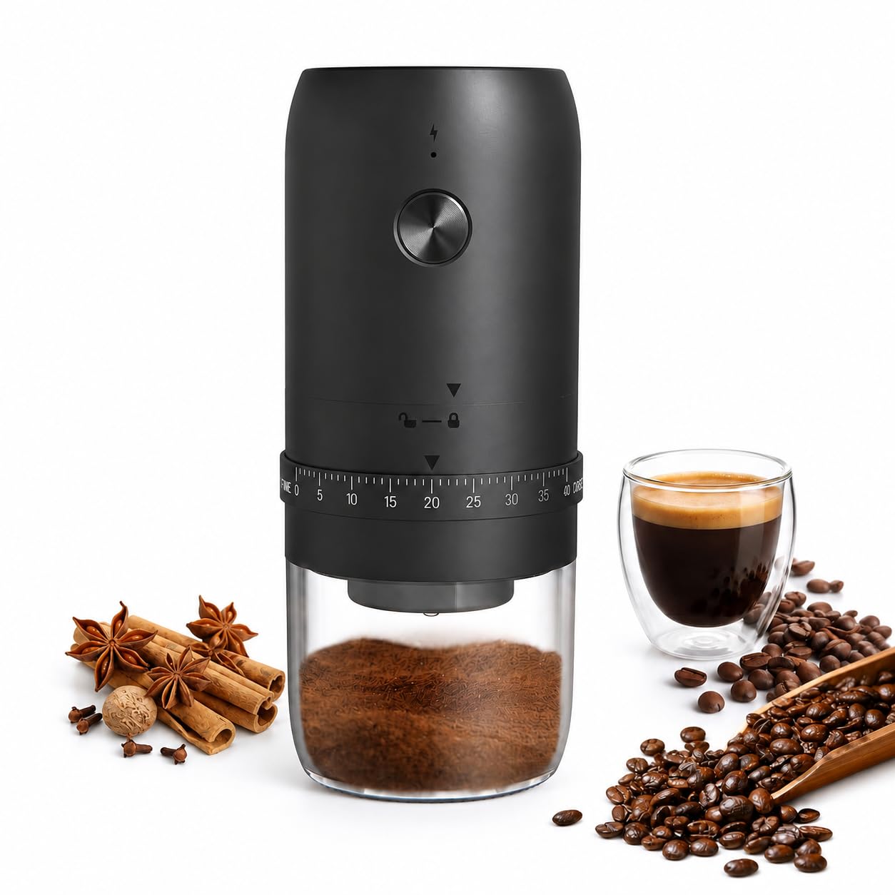 Molinillo de café eléctrico portátil, recargable por USB, 40 ajustes de molienda ajustables, automático de un solo toque, color negro