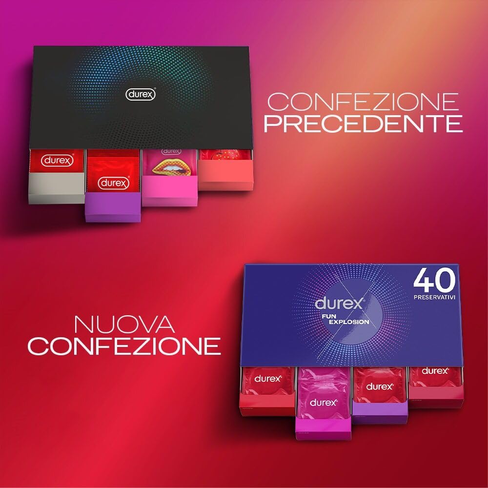 Durex Fun Explosion Mix di Preservativi Sottili, Con Rilievi e Nervature e Aromatizzati alla Fragola, 40 Profilattici, Esclusiva Online