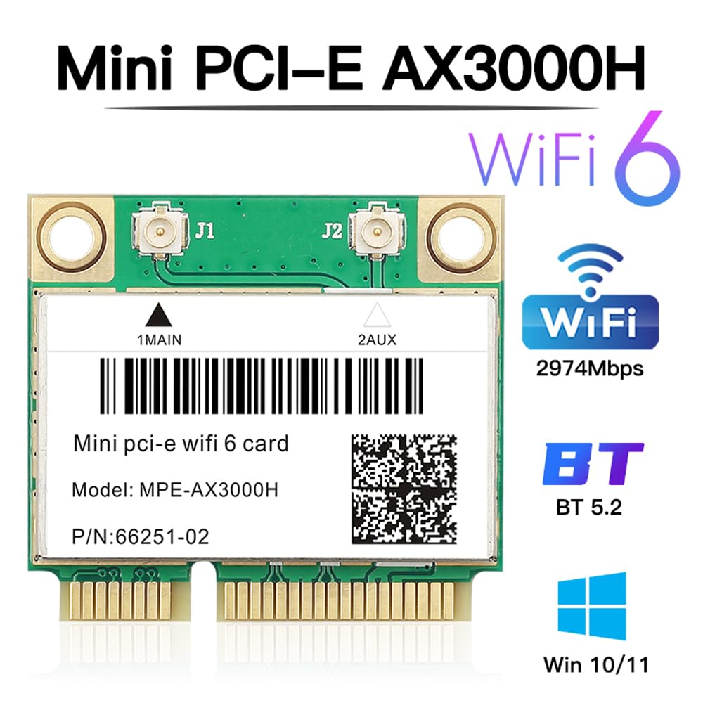 MPE-AX3000H Carte Wi-Fi 6 avec Bluetooth 5.2 PCIe, 574 Mbit/s + 2,4 Gbps AX3000, 160 MHz, OFDMA, MU-MIMO, pour ordinateur portable, faible latence pour jeu/streaming, compatible avec Windows 10/11 64