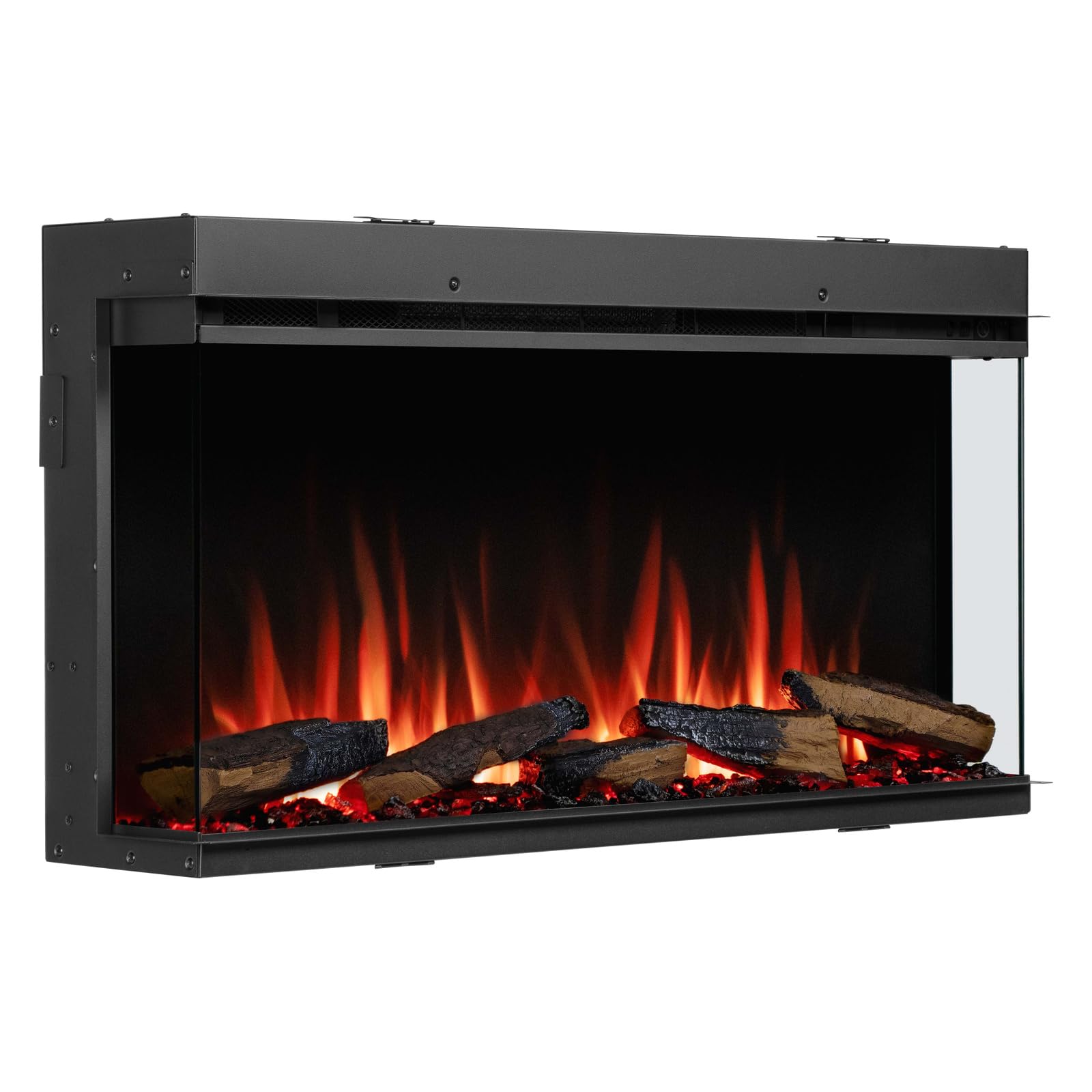 FLAMME 35 inch Media Wall Electric Fireplace, 3 Sided, Knighton Black | 3-Sided Panoramic Glass, Alexa Voice Control, 9 Flame & 9 Fuel Bed Colours, 5 Brightness Levels, 1.5kW Heater, Remote Control