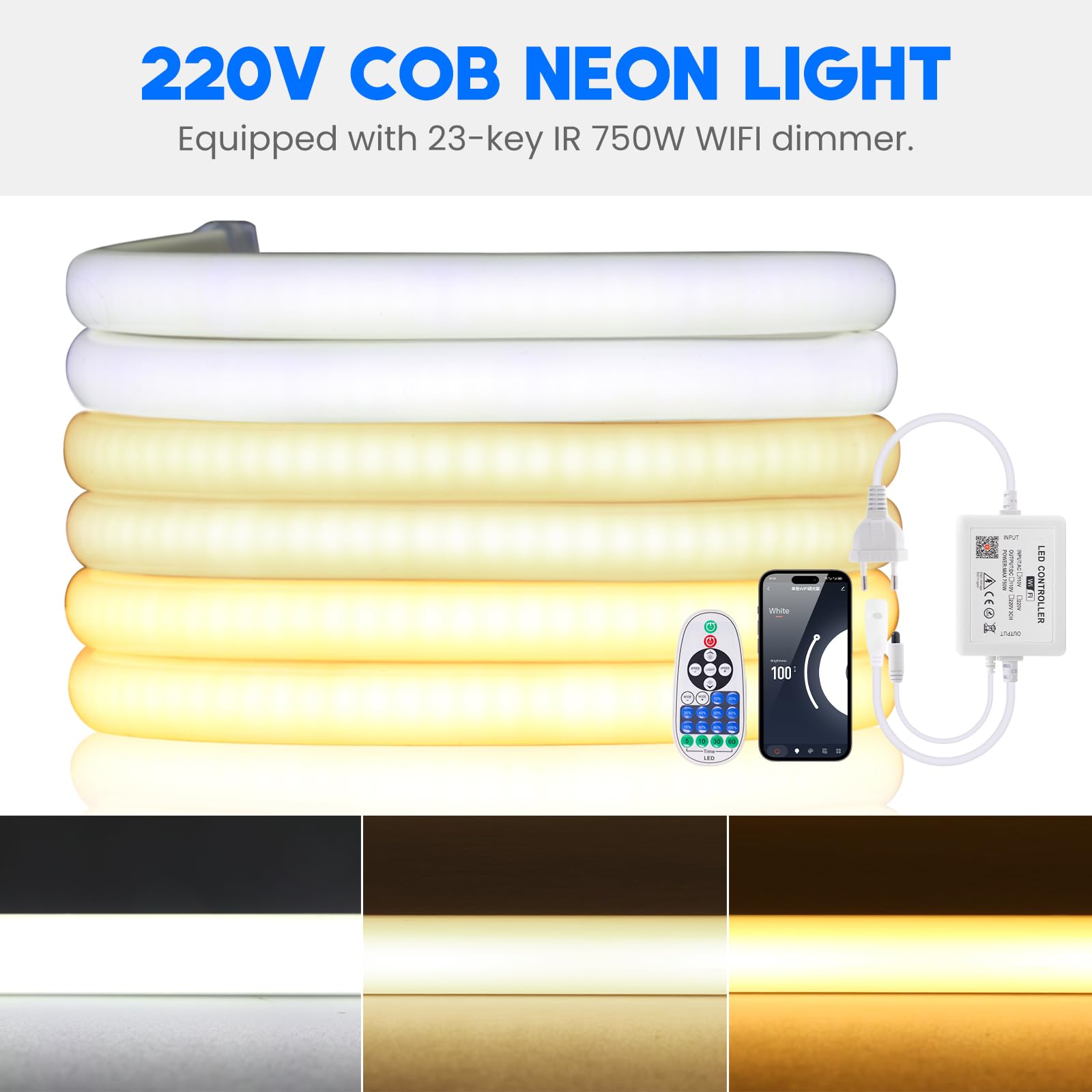 220v COB 288 Led/m, doble cara pegamento impermeable IP65 tira de luz de neón tira de luz LED con Wifi Música 23 teclas IR 750w Dimmer para la decoración de interiores al aire libre