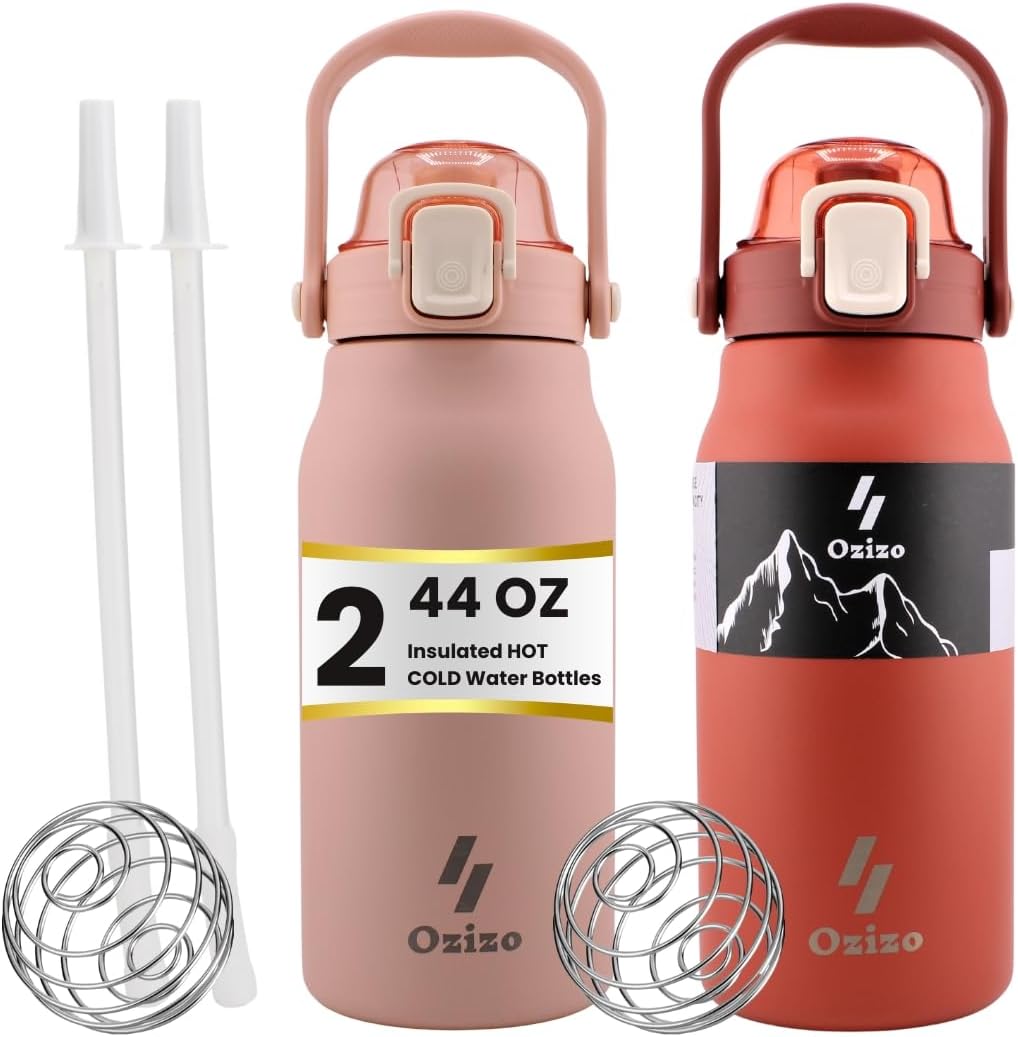 2 Pack Ozizo 1.4 qt Insulated Canteen, Stainless Steel Hiking Water Bottle with Handle, Mixing Ball, and Straw (Red and Pink)