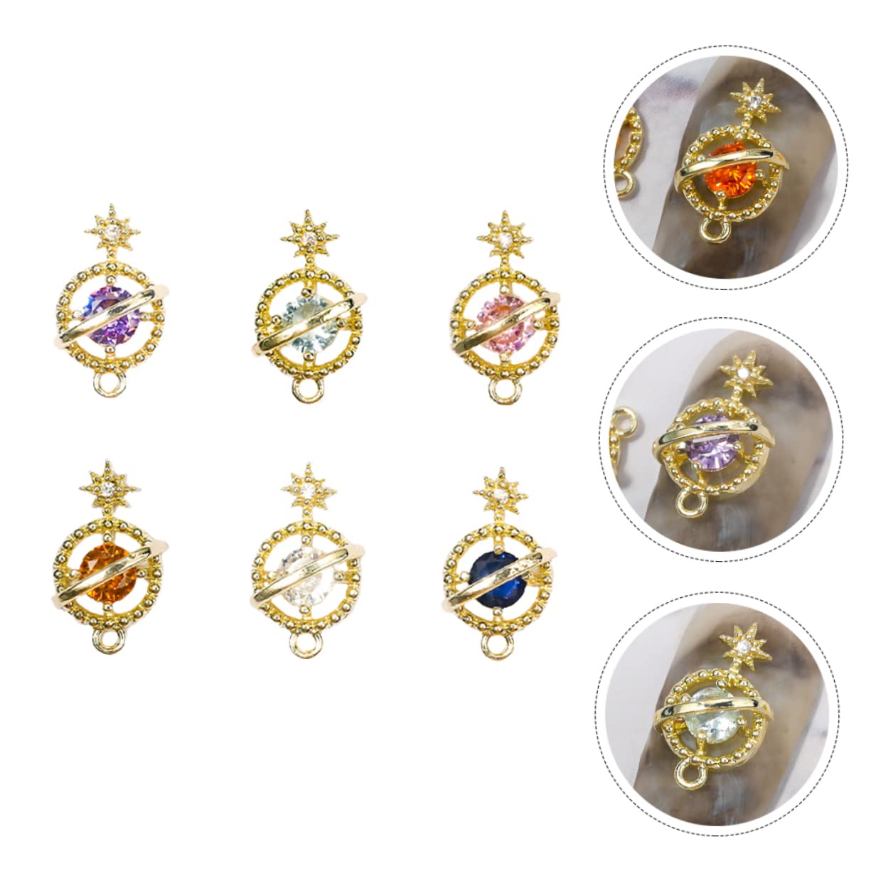 Healeved 6Pcs Chic Nail Art Decoration Sparkling Zircon Planet Decor for Women Easy to Apply Nail Charms for DIY Manicure Present for Halloween Christmas Birthdays