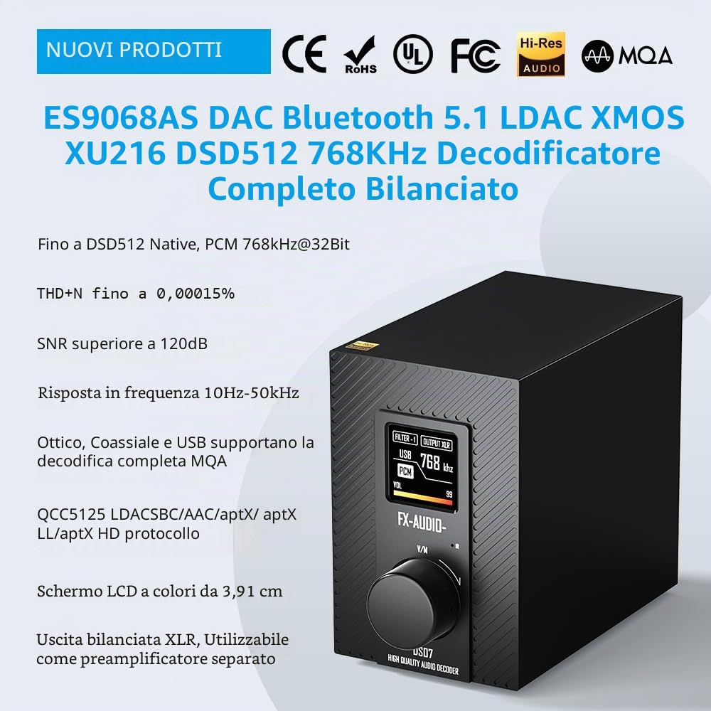 FX-AUDIO DS07 DAC - ES9068AS XU216 Bluetooth 5.1 HiFi - Decoder completamente simmetrico 32bit/768kHz DSD512 Native MQA, con telecomando