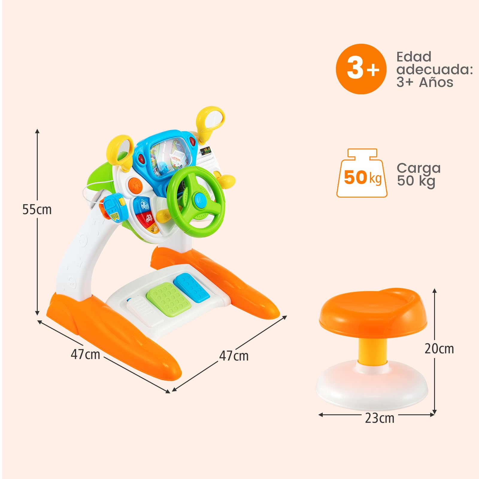 RELAX4LIFE Volante Juguete con Pantalla, Taburete, Efectos Luz y Sonido, Música, Claxon, Pedales y Intercomunicador, Volante Niños de ABS con Velocidad Ajustable, Juguete para Niños 3+ Años, Colorido