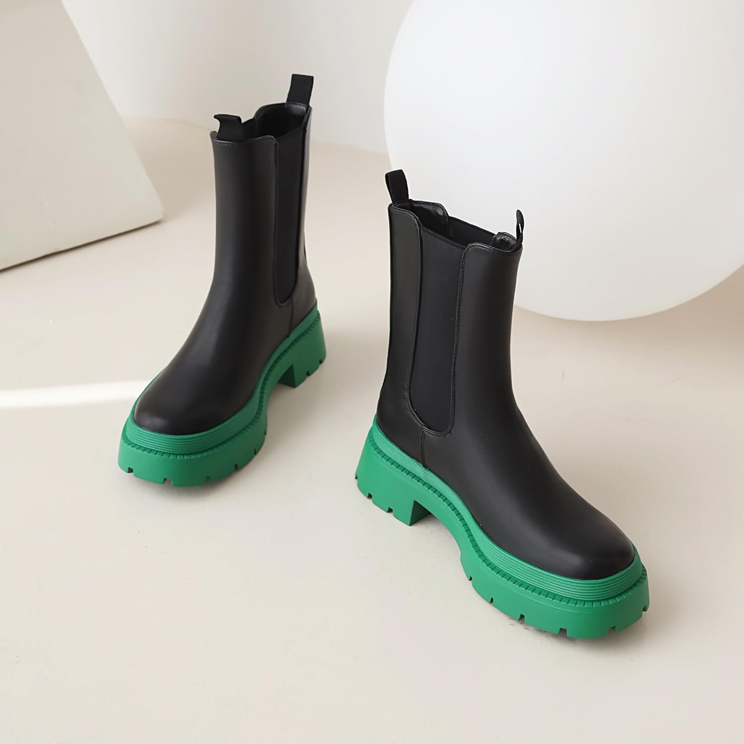 sun gurg Women's Chelsea Ankle Boots Mid-Calf Low Heel Platform Chunky Pull on Booties - Image 8