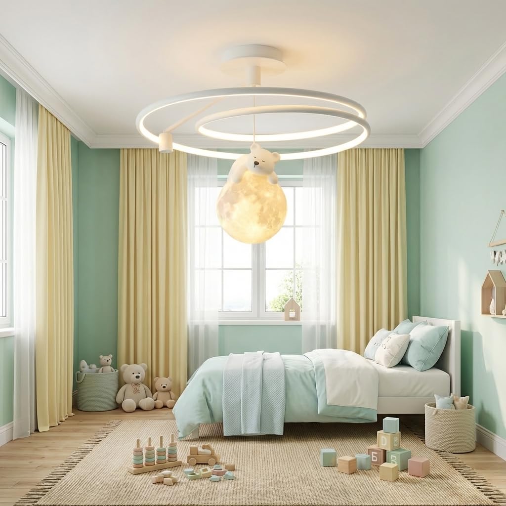 MAKA Lampadario LED Cameretta Bambini 60W Dimmerabile con Telecomando, Orsacchiotto sulla Luna, Luce Calda Naturale Fredda 3000K–4200K–6400K, Bianco, Plafoniera 15 cm, Ø 50 cm (60 Watt)