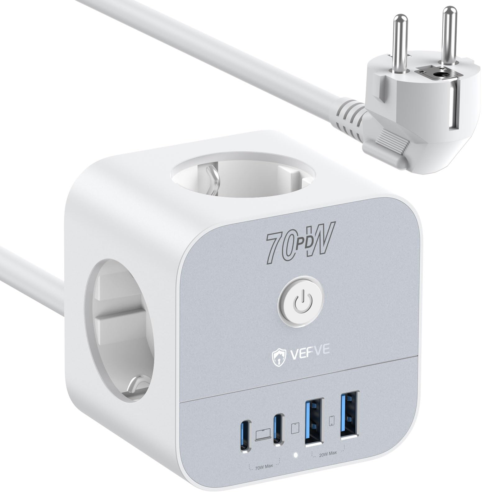 VEFVE Cubo Regleta 70W GAN, Cargador Rápido USB C, Ladrón Enchufes 7 en 1 con Interruptor, Compatible con iPhone 17, Galaxy S26, MacBook, Cable 5m, Blanco