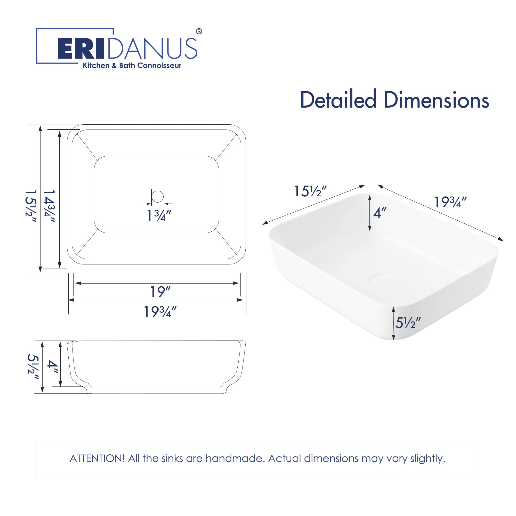 Eridanus Lavabo de encimera rectangular, lavabo cuadrado de cerámica para baño, recipiente para WC, armario, lavabo, blanco brillante – 500 x 390 x 140 mm