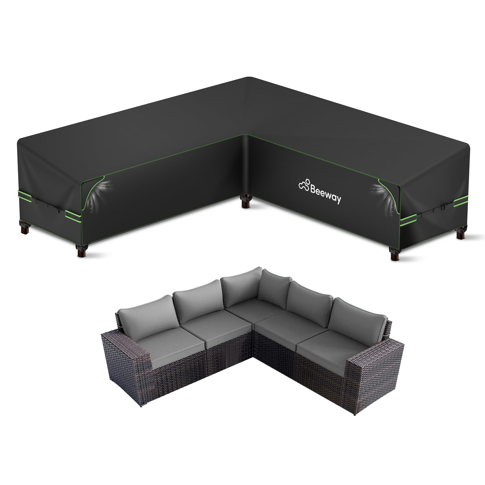 Beeway Black Garden Furniture Cover L Shape With Air Vent, Waterproof Outdoor Patio Rattan Sectional Corner Sofa Cover V Shaped - 420D Oxford Fabric, Windproof - 215/215X87x80/66Cm
