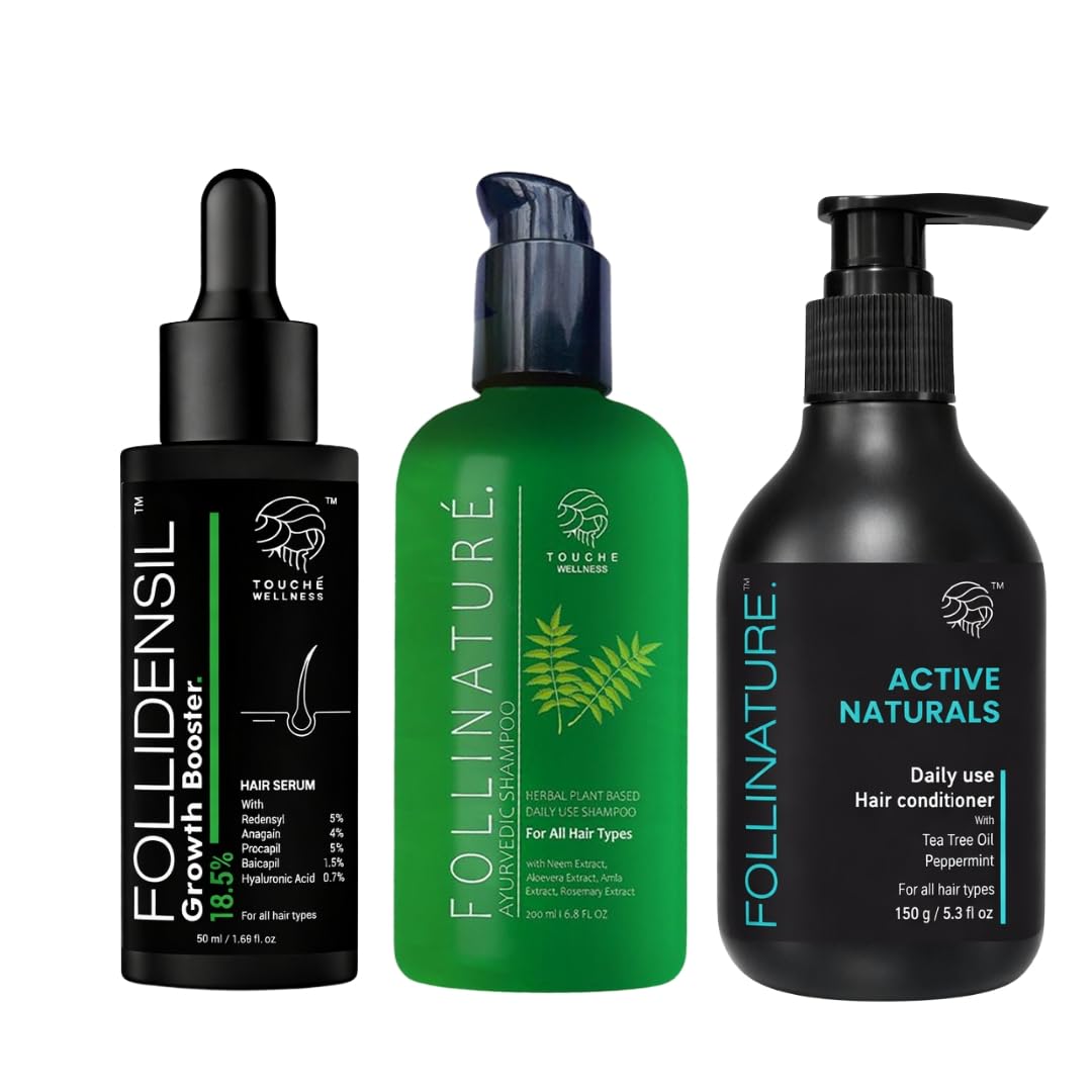 touche wellness anti-dandruff hair care combo | follinature herbal shampoo + active pro leave-on dandruff control serum + follinature daily use hair conditioner | hair fall & scalp care for men & women (pack of 3)
