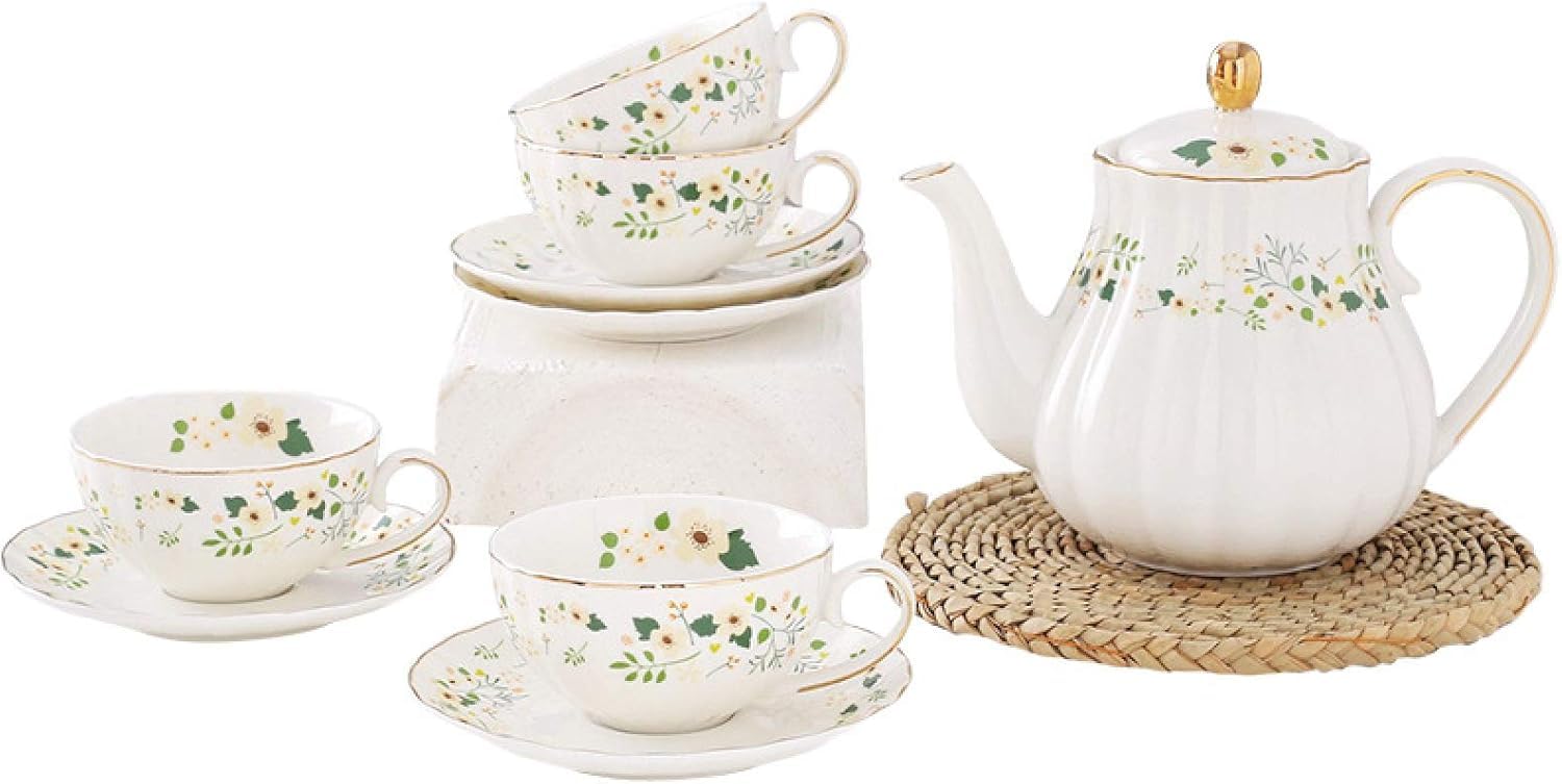 Czajniczek do herbaty Czajniczek ceramiczny, Zestaw do herbaty Królewskie filiżanki i spodki do herbaty ze złotymi wykończeniami Zestaw do herbaty z białej porcelany z filiżankami do kawy z czajnikiem