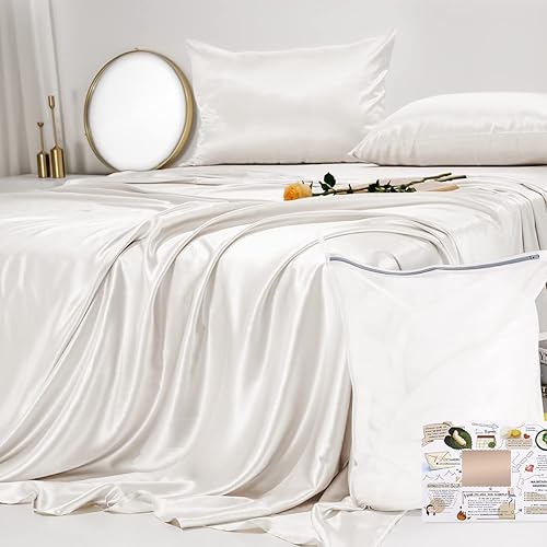 Miniatura 7 de PROMEED Juego de sábanas 100 seda color blanco con sábana encimera sábana bajera de bolsillo profundo y fundas de almohada juego de sábanas de seda