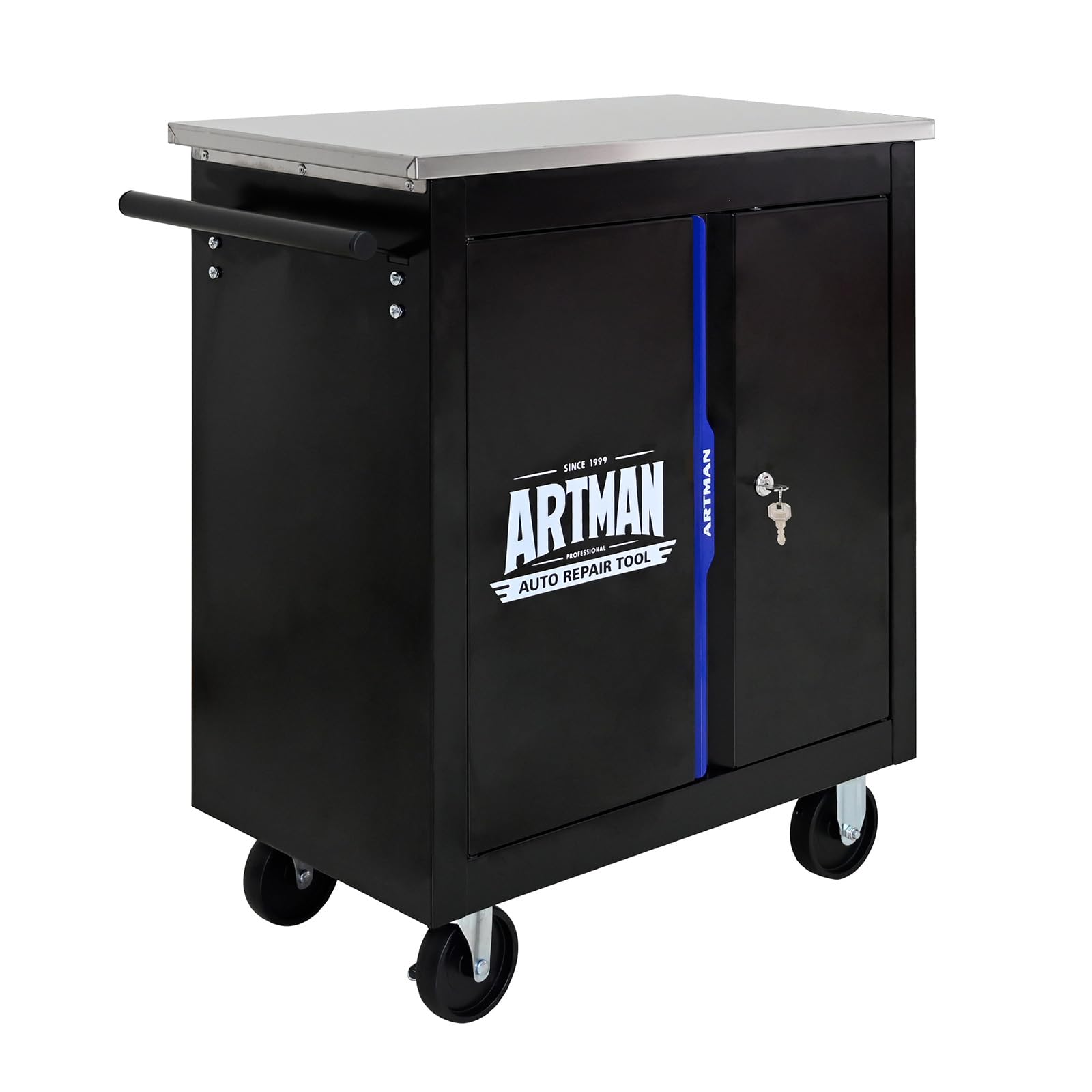 Utility Service Cart, Heavy Duty Rolling Utility Cart with 360° Swivel Wheels, Multifunctional Tool Box, Ergonomic Handle, Double Wooden Plate, Removable partition, Black and Blue