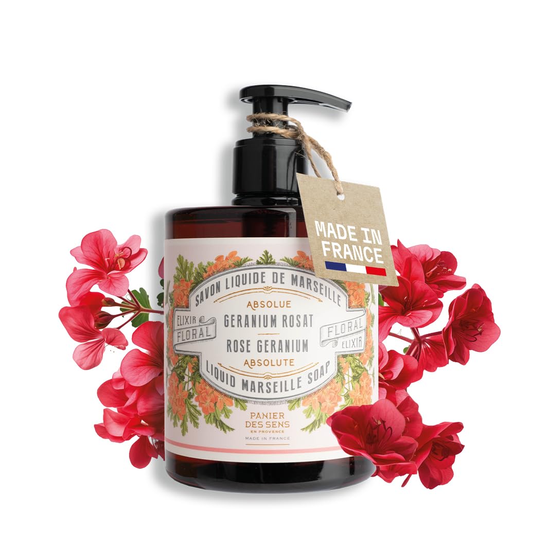 Panier des Sens - Moisturizing Hand Soap - Rose Geranium Fragrance - French Traditional Savon de Marseille Soap - Refillable Kitchen & Bathroom Soap - 16.9 Fl.oz Liquid Hand Wash 96% Natural