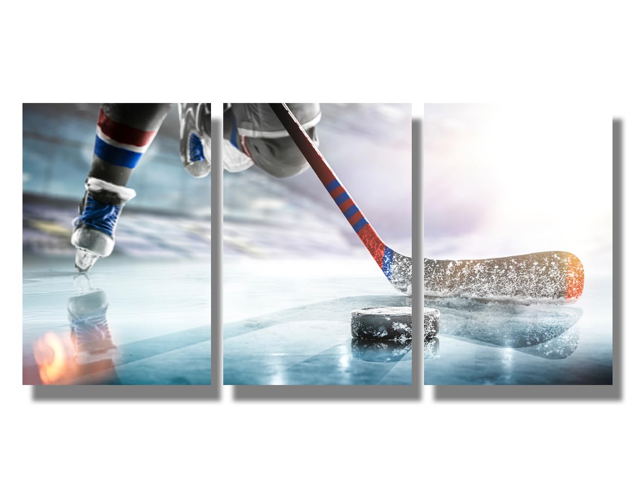 3 Panel Ice Hockey Stick on Ice Rink Canvas Wall Art Poster Prints Ice Hockey Wall Art - for Home Decor The Picture Print On Canvas for Living Room