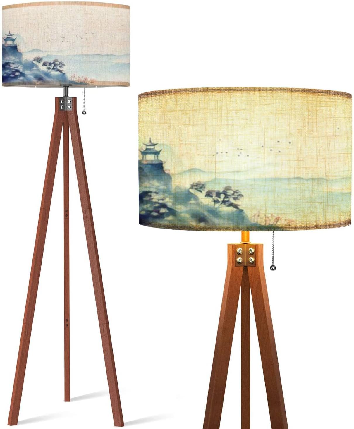 AT5ZR4PD Modern Decor Wood Tripod Floor Lamps Blue Ink Landscape