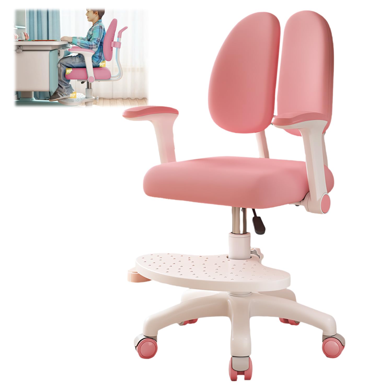 Silla de escritorio infantil, altura regulable con reposabrazos giratorios de 90° y reposapiés, silla giratoria ergonómica para niñas y niños, cómoda silla de aprendizaje para habitación