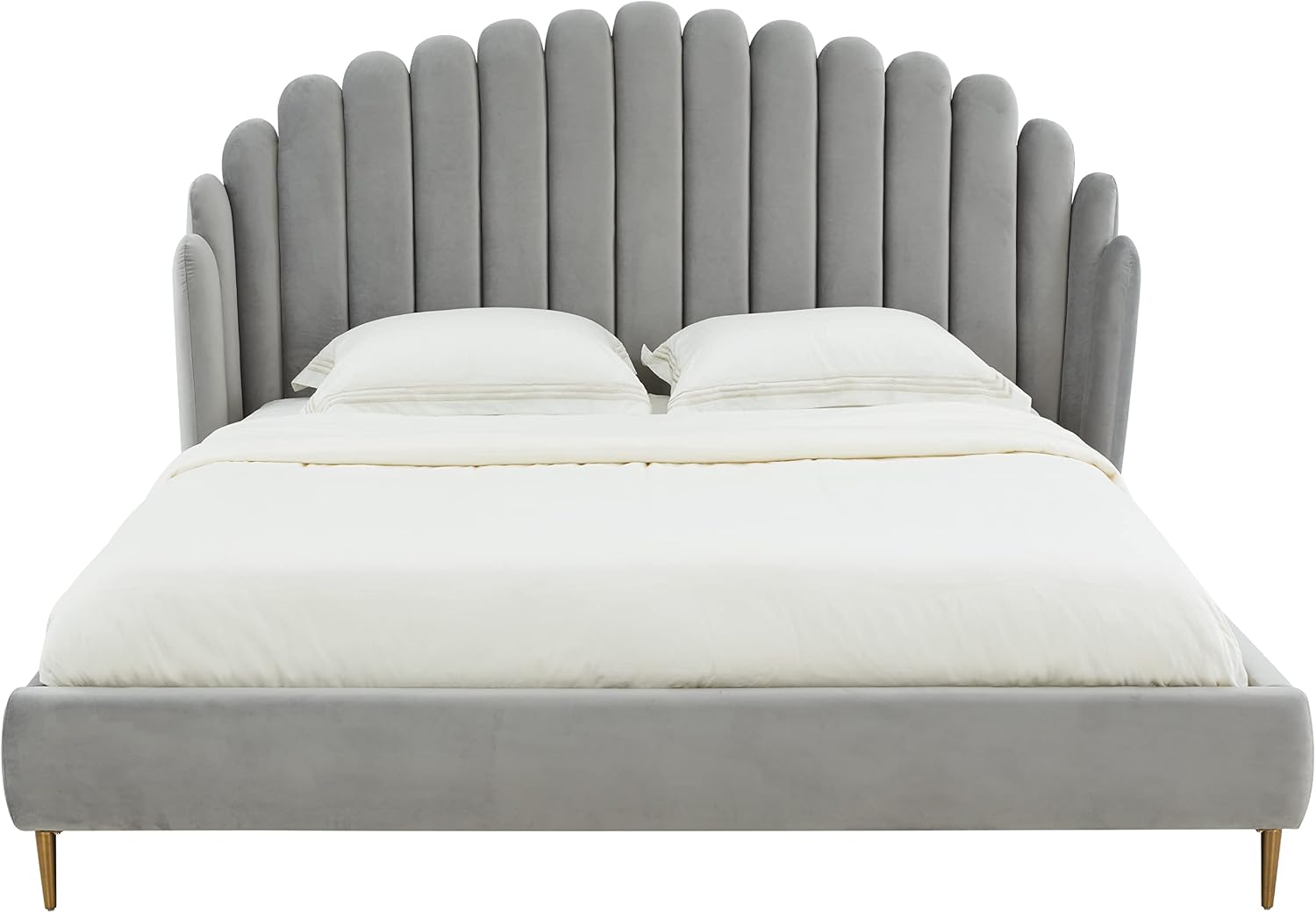 SAFAVIEH Couture Home Collection Rosabella Light Grey Velvet and Gold Channel Tufted Queen Bed