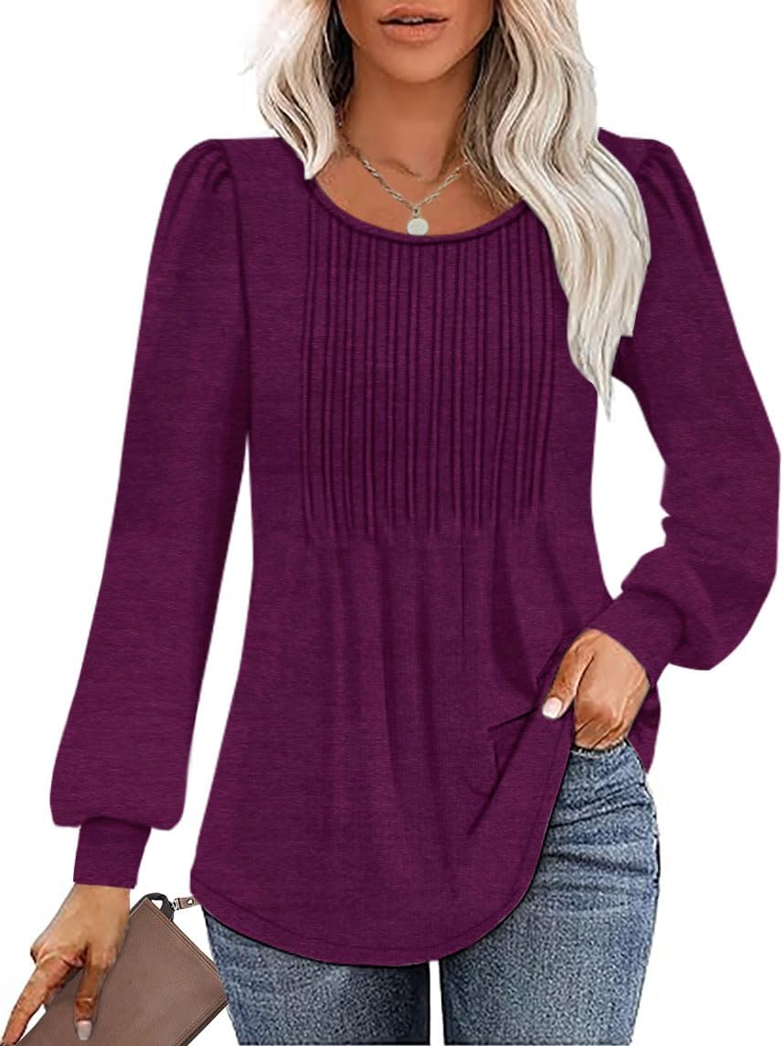 Women’s Puff Long Sleeve Shirts Pleated Crew Neck Fall Tunic Tops Blouse Dressy Causal Loose Summer T-Shirts