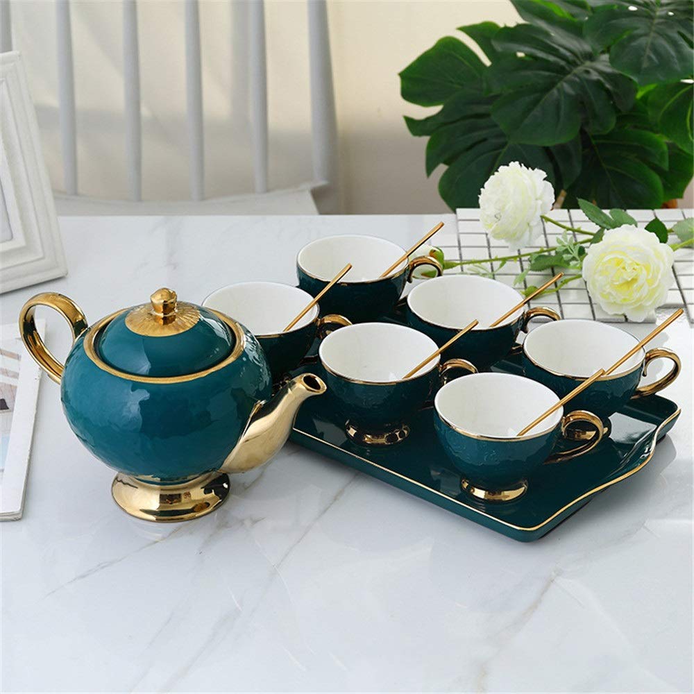 XINGYU Zestawy do herbaty zawierające 6 szt. filiżanki do herbaty i łyżki z czajnikiem ceramiczna taca kreatywna luksusowa złota wykończenie ceramiczny zestaw filiżanek do herbaty do domu i biura kawa herbata przyjęcie do domu