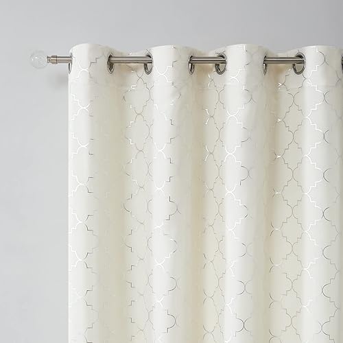 Miniatura 4 de Juego de 4 cortinas para mezclar y combinar con estampado geométrico marroquí plateado, cortinas opacas de gasa transparente y terciopelo para