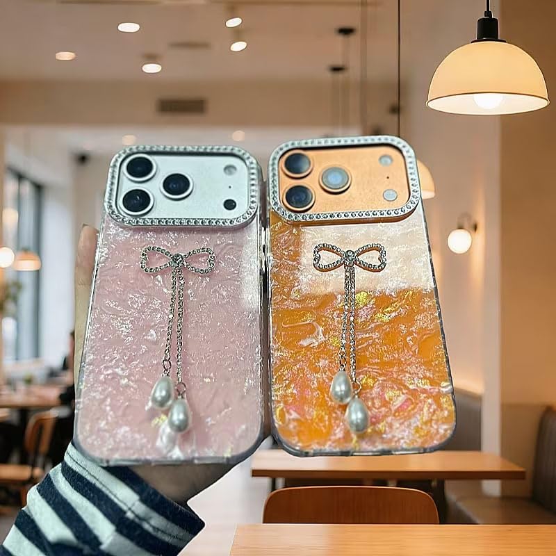 Image of mobistyle Compatible with iPhone 17 Pro Max | Shell Pattern with Bow Tassel and Daimond Camera Lens Protection Back Cover Case for Women Girls iPhone 17 Pro Max (Orange)
