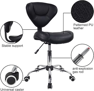 WKWKER Ergonomic Rolling Stool With Thick Cushion PU Leather Height Adjustable Swivel Stool For Work SPA Salon Tattoo With Back (Black)