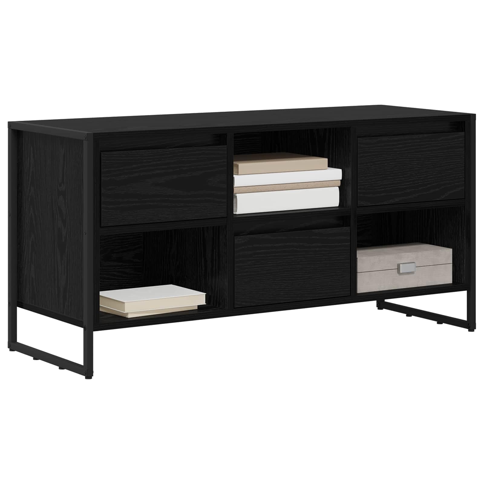 Mobile TV industriale rovere nero 100 x 36 x 49,5 cm con cassetto, legno ingegnerizzato, gambe in acciaio, ripiani a due livelli, stile moderno con fascino rustico, perfetto