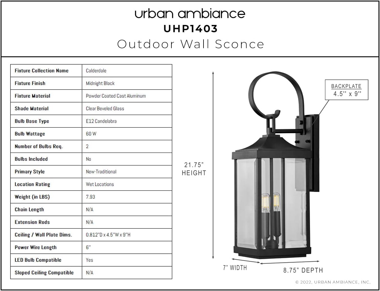 Urban Ambiance Luxury Transitional Wall Sconce, Large Size: 21.75''H x 7''W, with Farmhouse Style Elements, Midnight Black Finish, UHP1403, Calderdale Collection
