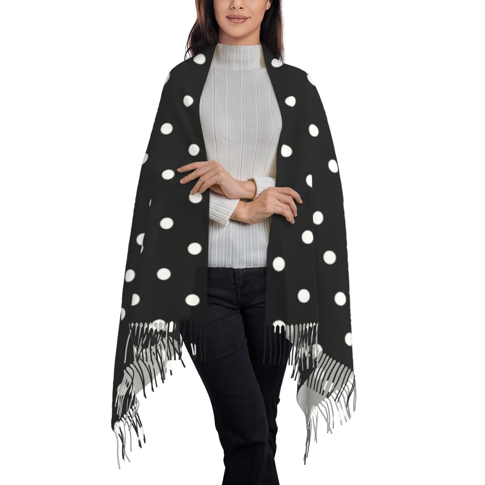 Bagea-KaPolka Dot Black and White Simple Pattern Scarf Long Shawl Wraps Pashmina for Women Girls with Tassels Soft Warm Cozy