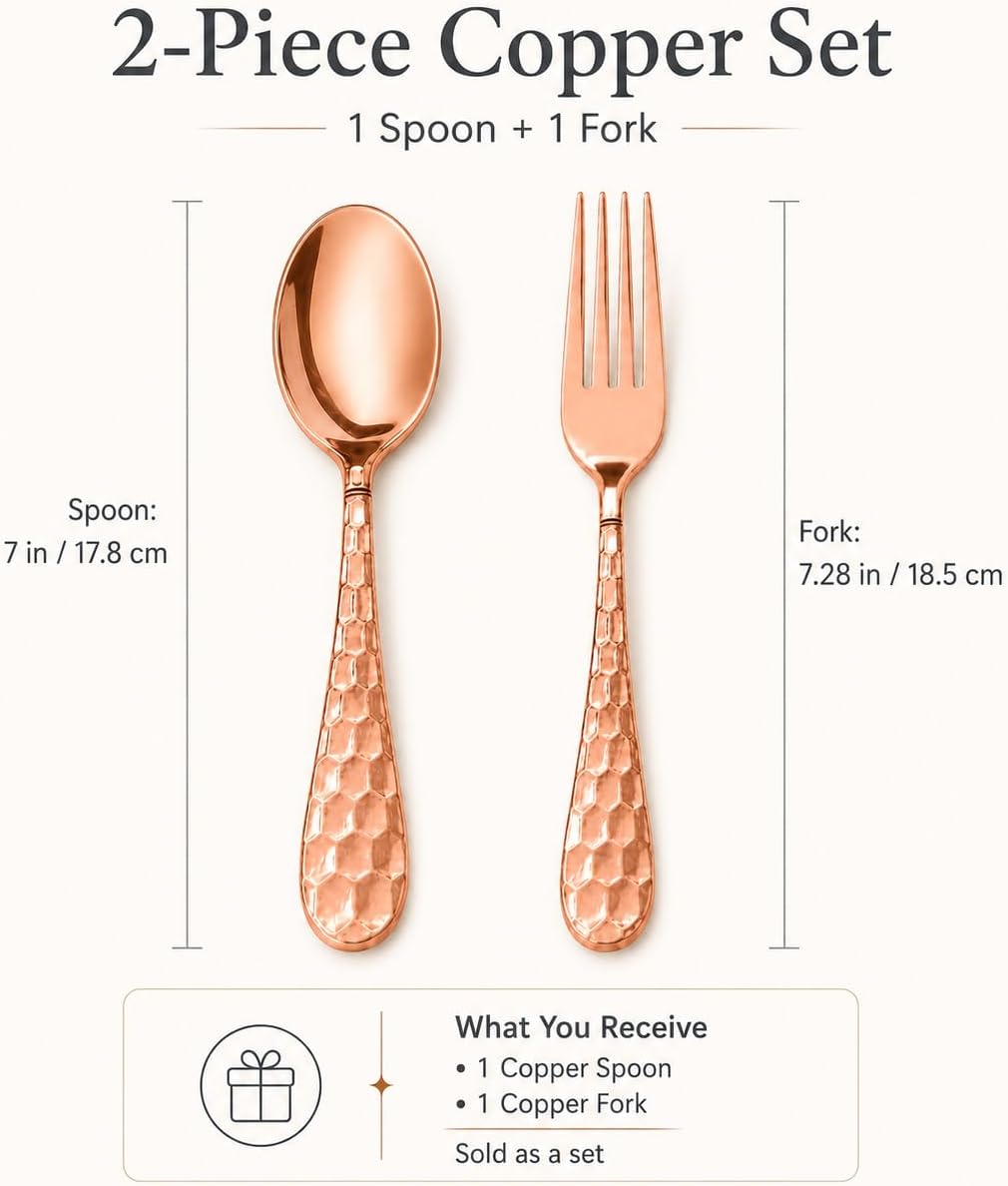 Pure Copper Spoon & Fork Set, 1 Spoon + 1 Fork