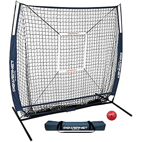 PowerNet 5x5 Practice Net + Strike Zone + Weighted Training Ball Bundle | Baseball Softball Coaching Aid | Compact Lightweight Ultra Portable | Hitting Pitching (Navy) Cover